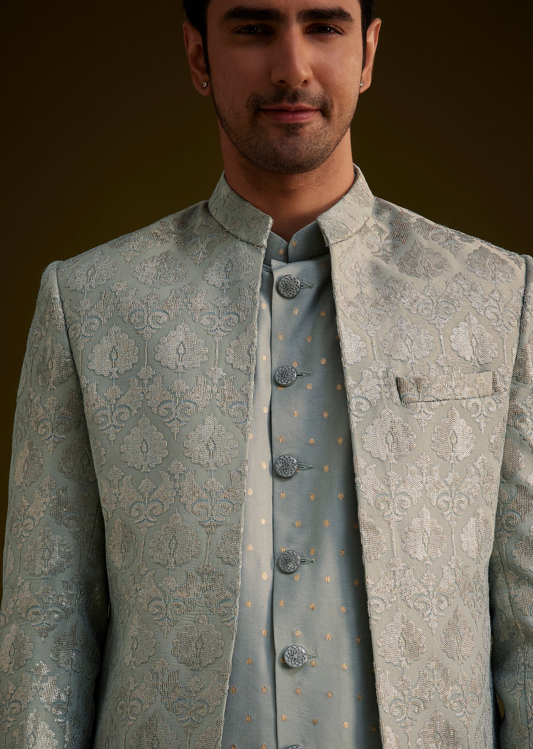 Grey Silk Jodhpuri Suit Featuring Foil Print - Image 8