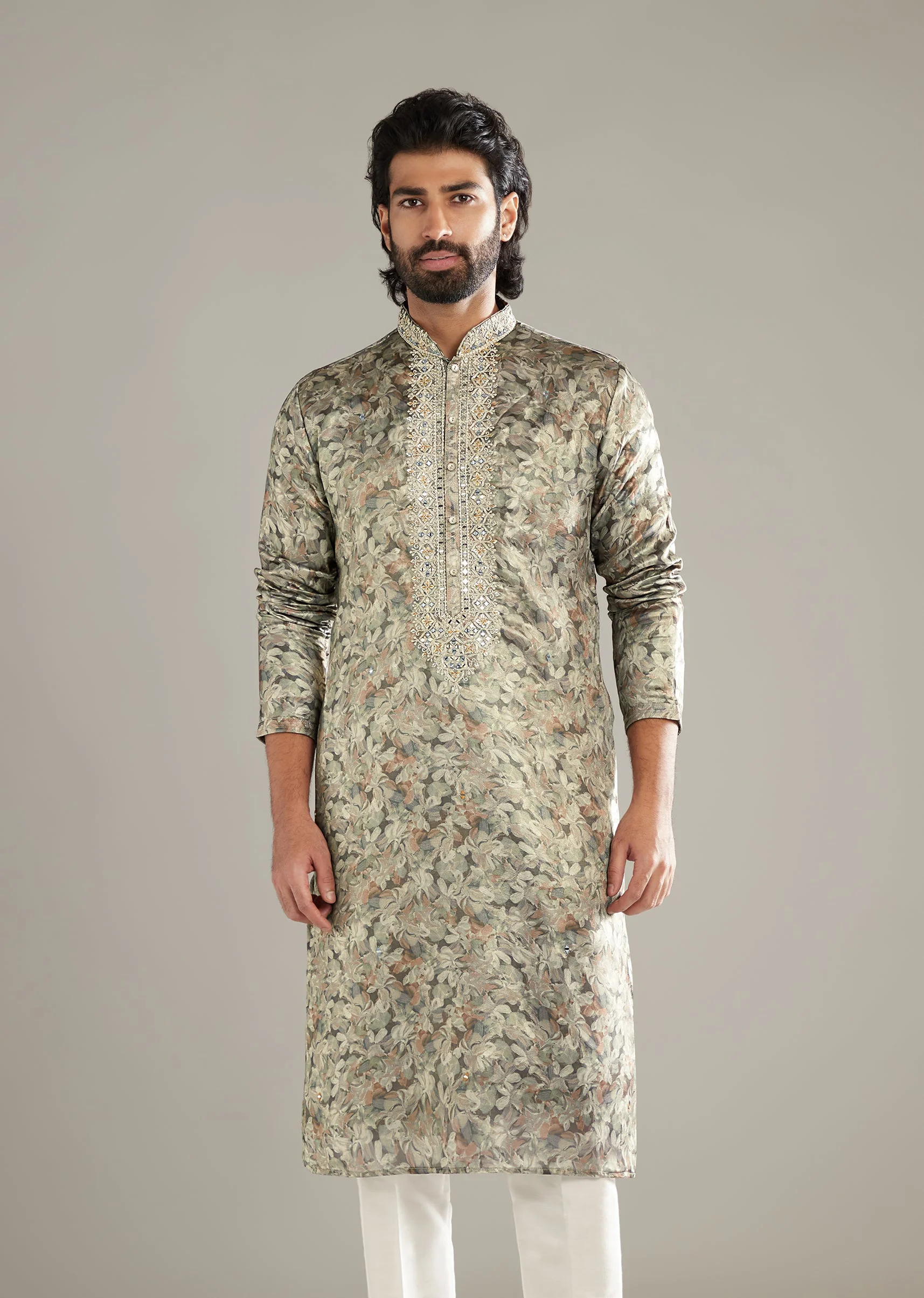 Grey Silk Kurta Set For Men With Hand Embroidery And Floral Print - Image 4