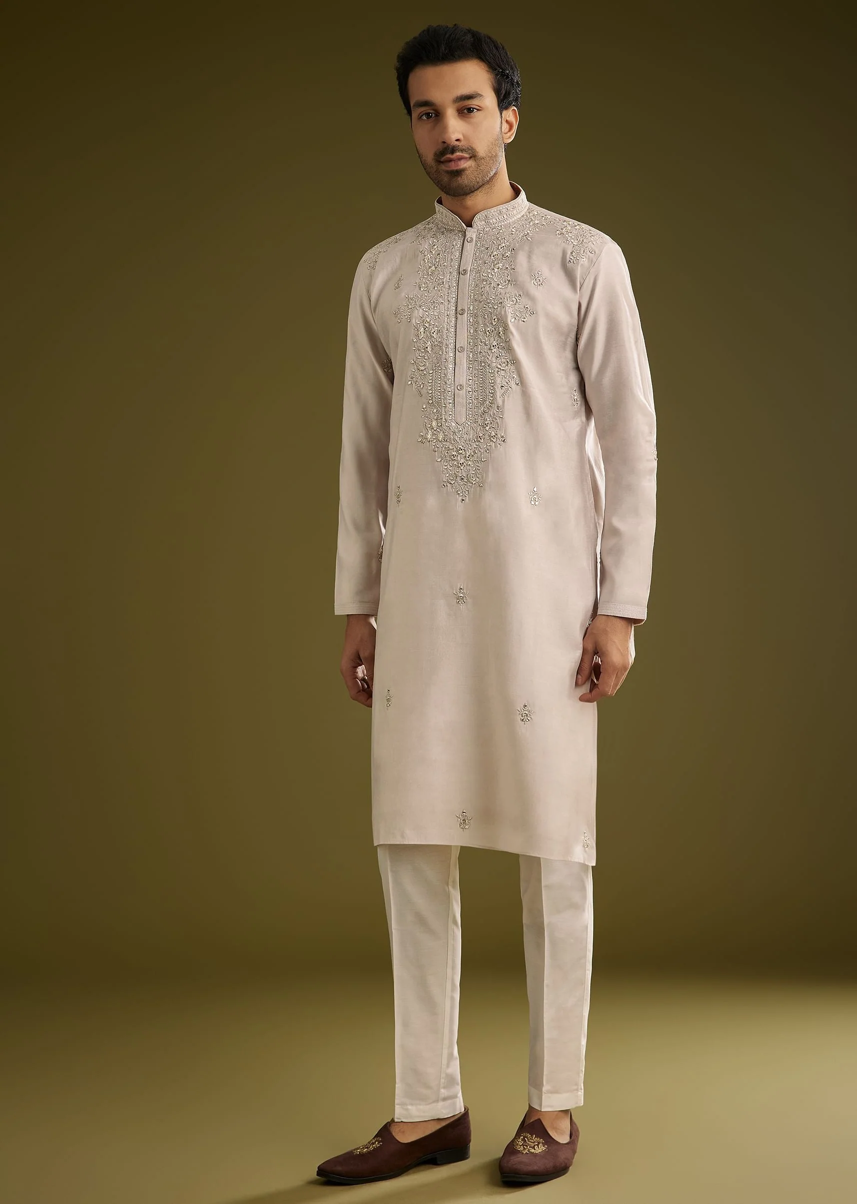 Grey Silk Kurta Set With Mirror And Thread Work - Image 2