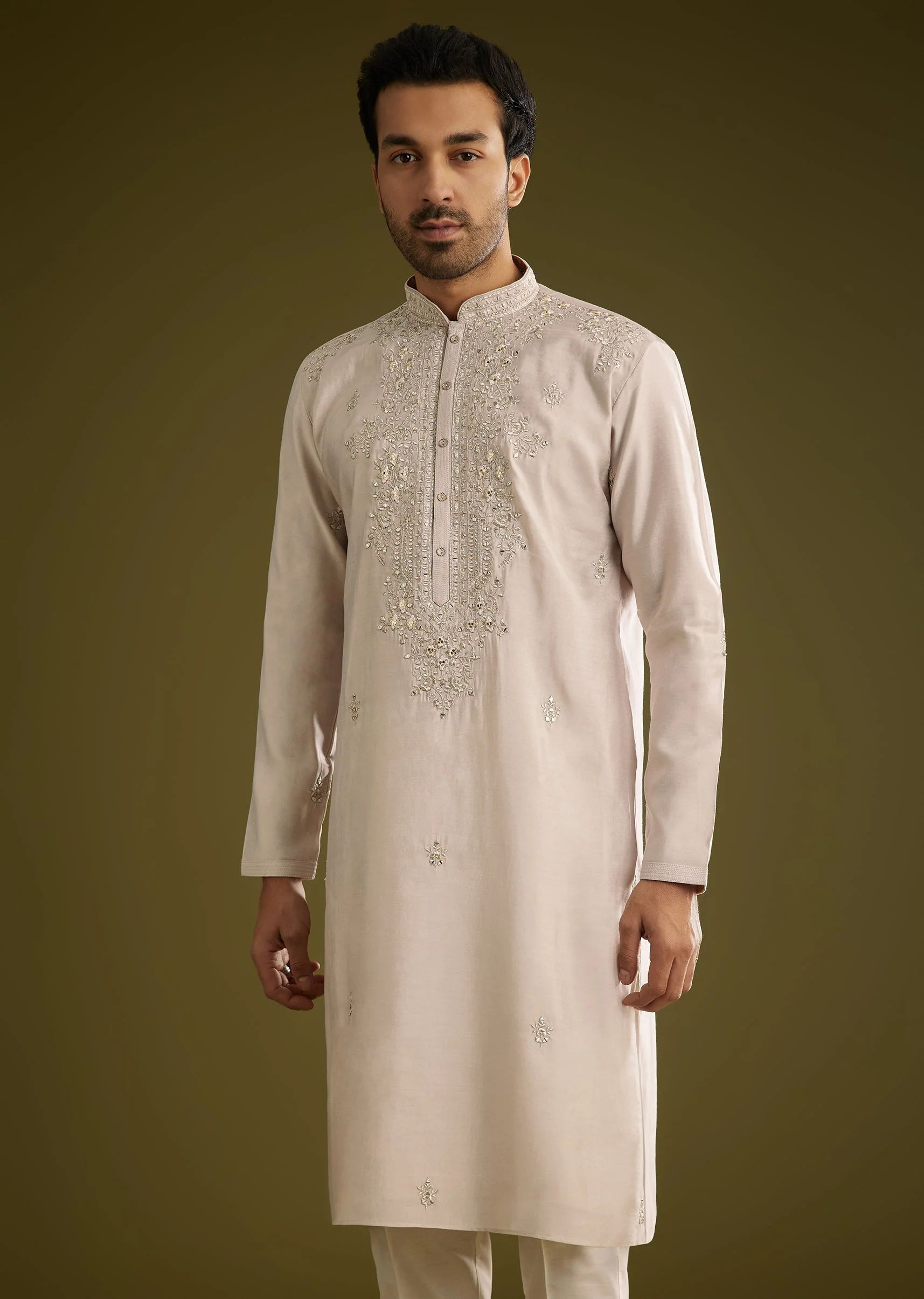 Grey Silk Kurta Set With Mirror And Thread Work - Image 3