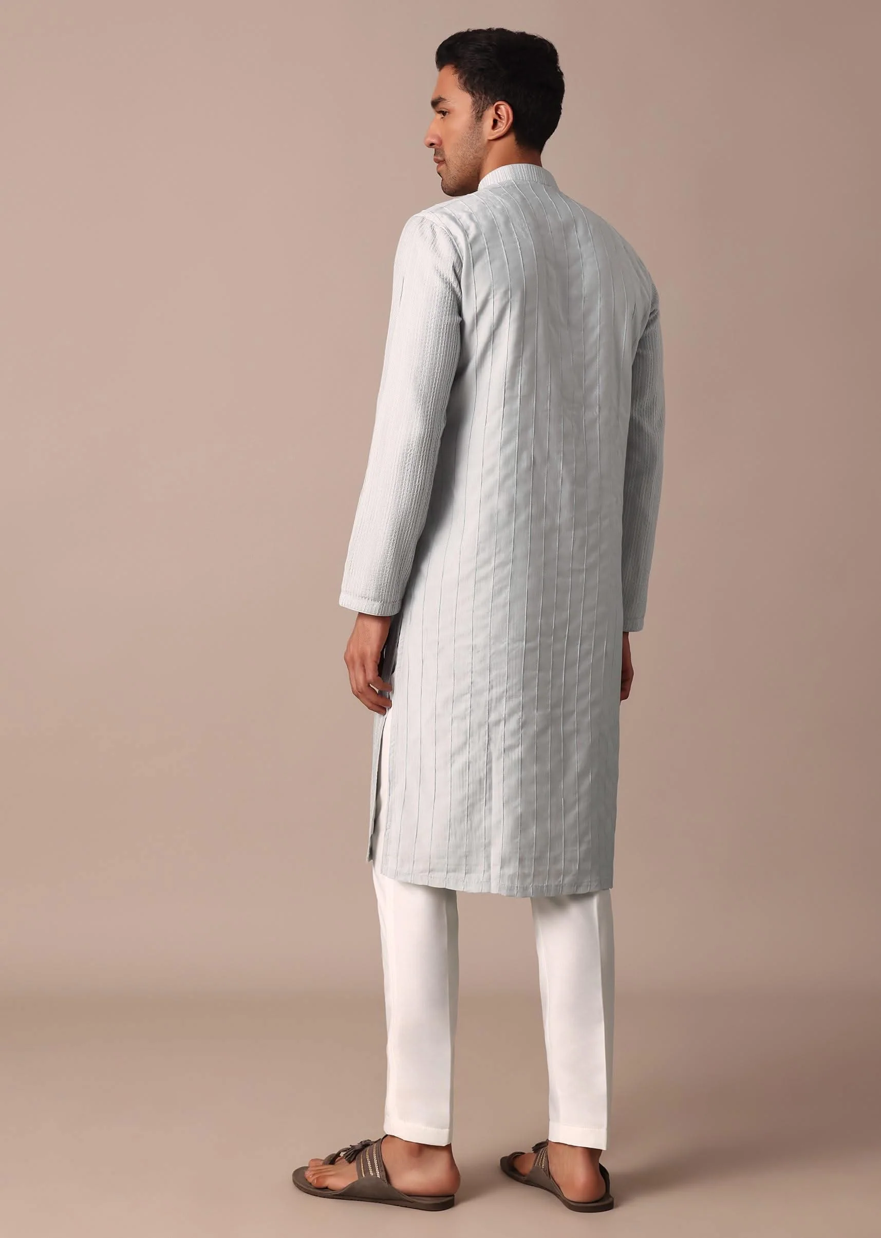 Grey Silk Kurta Set With Resham Thread Work - Image 3