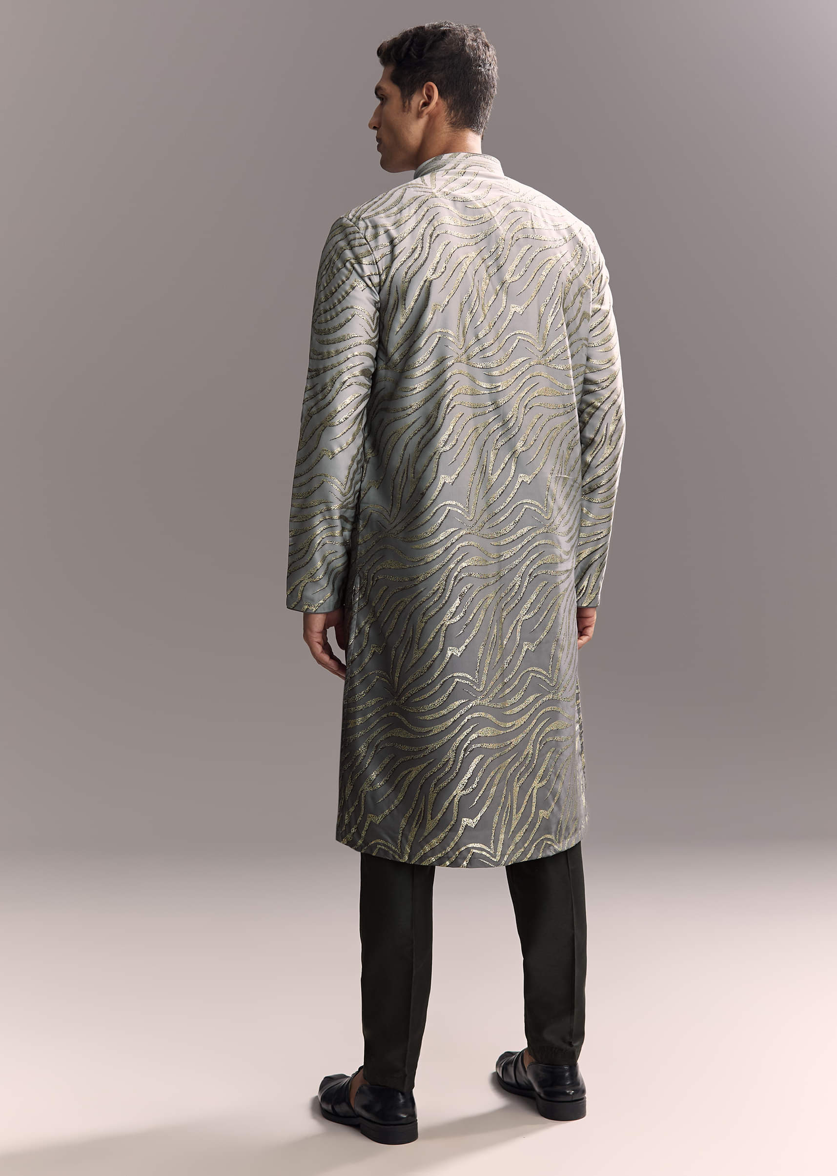 Grey Silk Printed Kurta Set For Men - Image 5