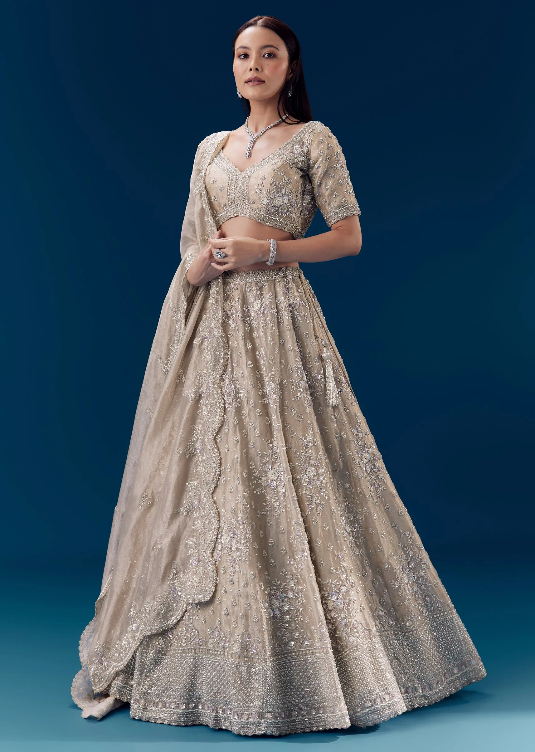 Grey Silk Sequin Embellished Bridal Lehenga Set - Image 4