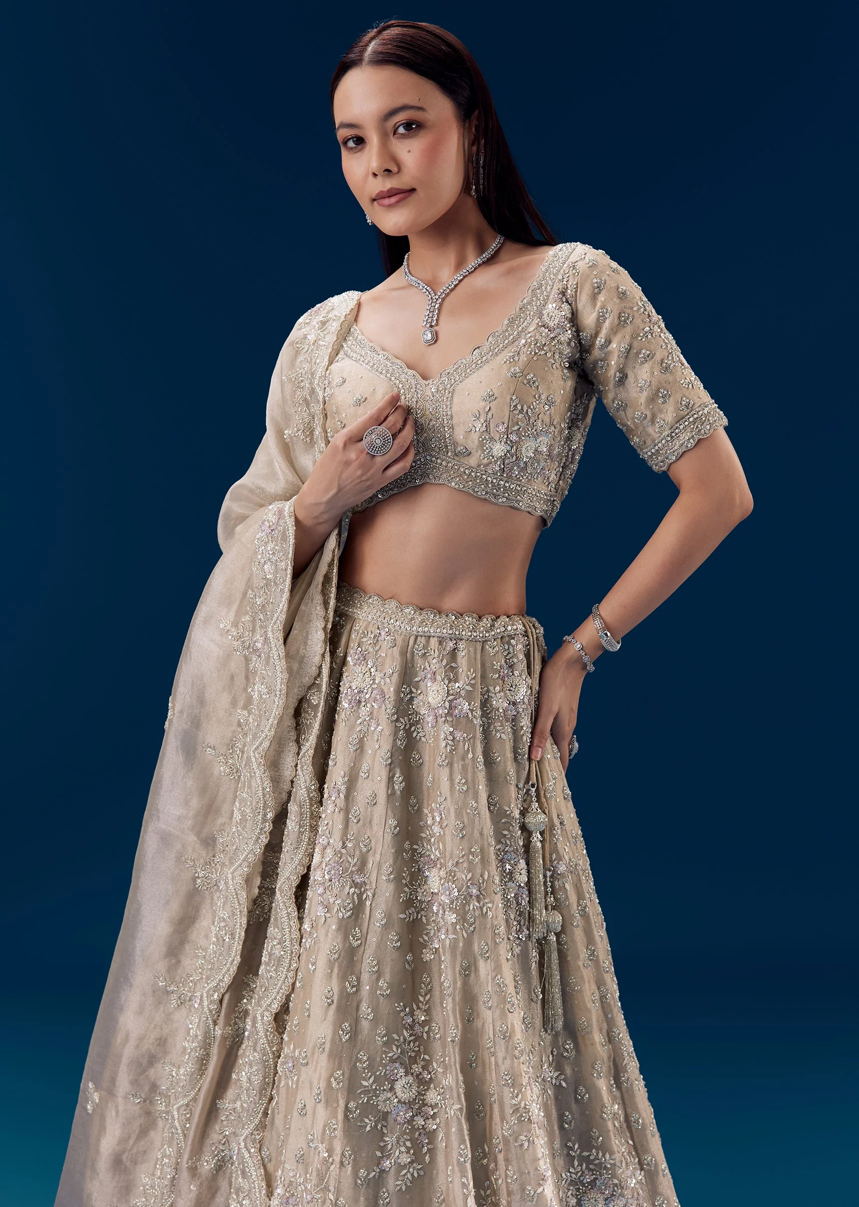 Grey Silk Sequin Embellished Bridal Lehenga Set - Image 5