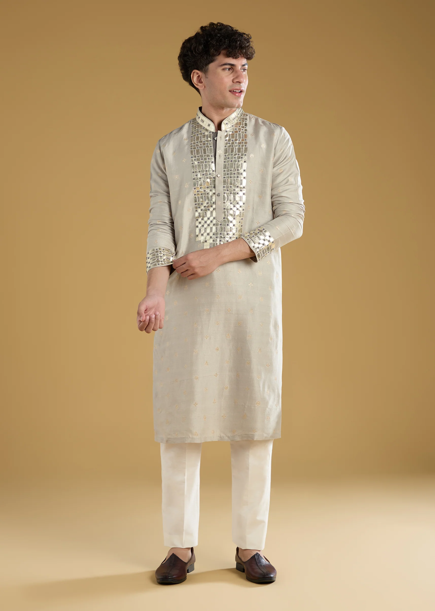 Grey Silk Yoke Embellished Kurta Set