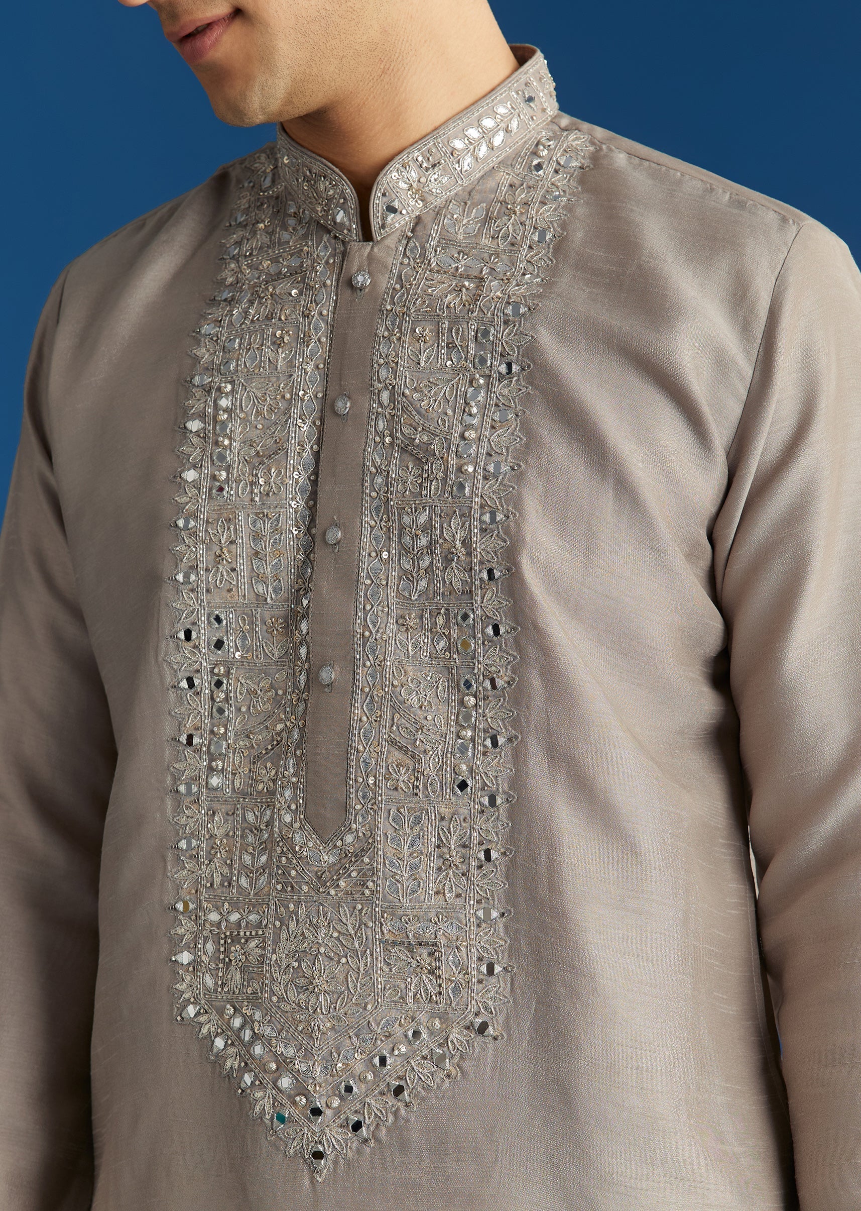 Grey Silk Yoke Mirror Gotta Work Zari Sequins Kurta Set - Image 3