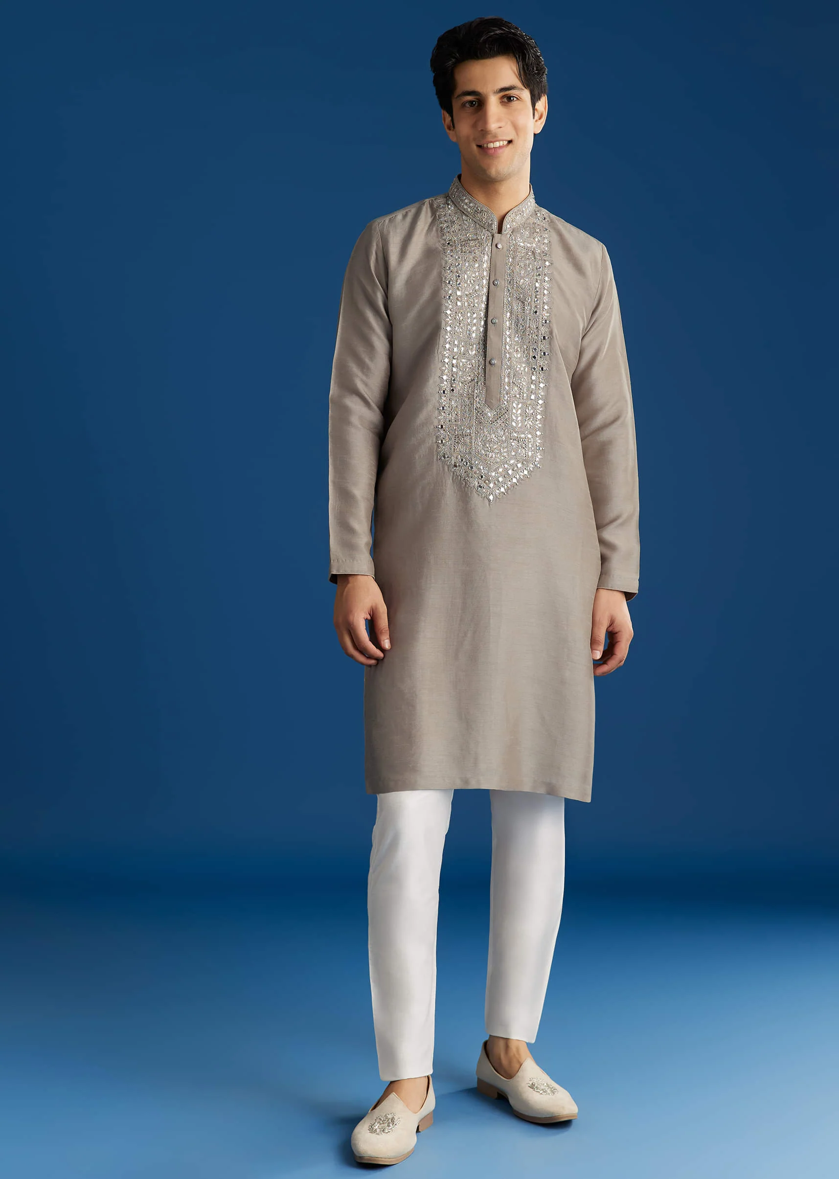 Grey Silk Yoke Mirror Gotta Work Zari Sequins Kurta Set - Image 4