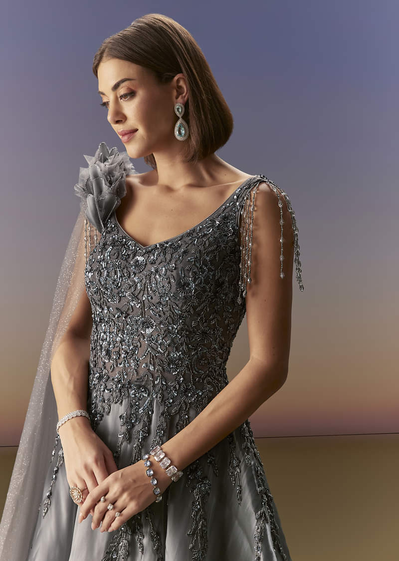 Grey Sleeveless Gown With Soft Net Trail And Shimmer - Image 3