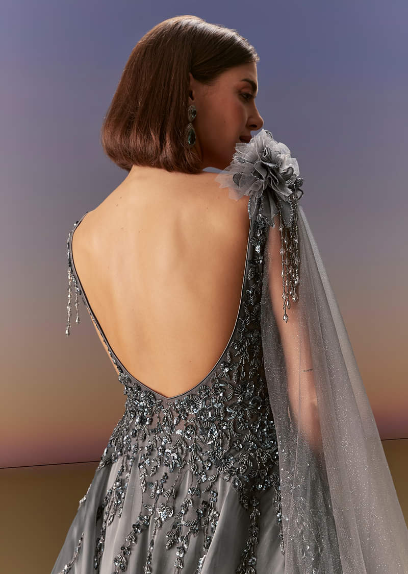 Grey Sleeveless Gown With Soft Net Trail And Shimmer - Image 6