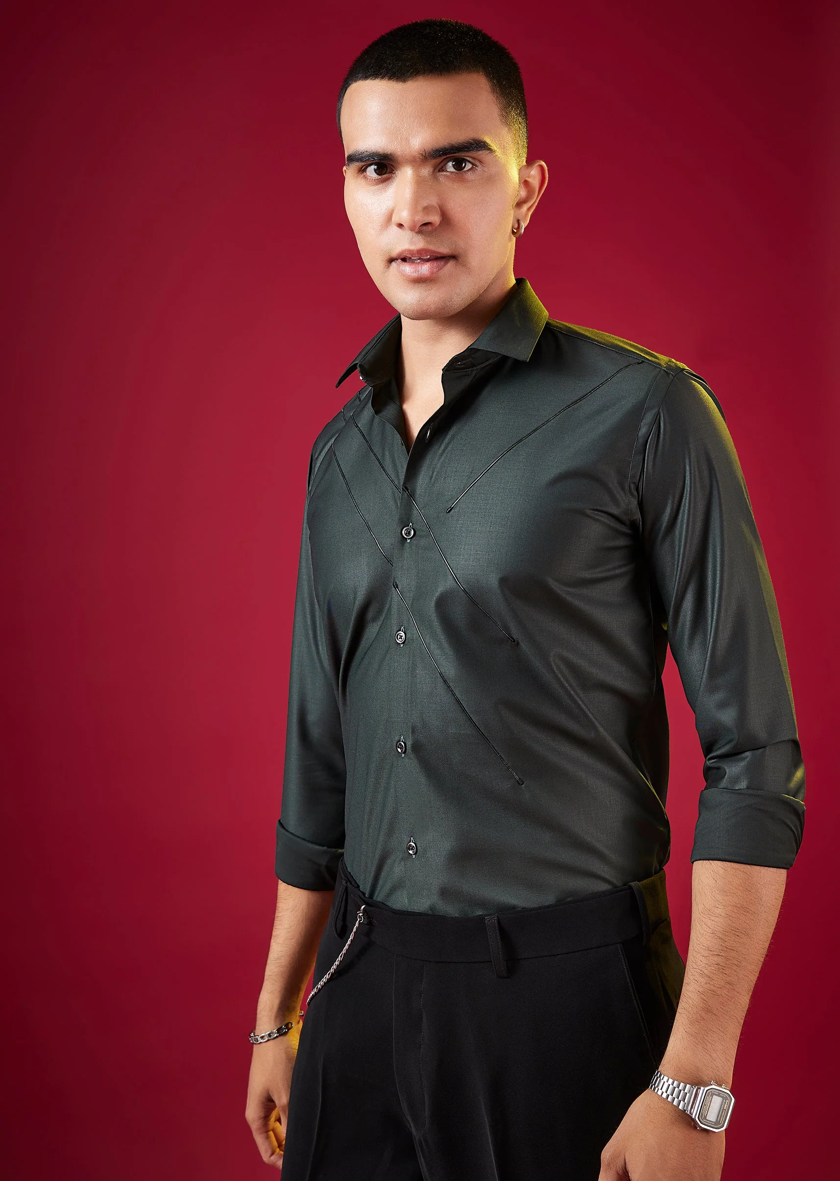 Grey Solid Mandarin Collar Mens Shirt - Image 3