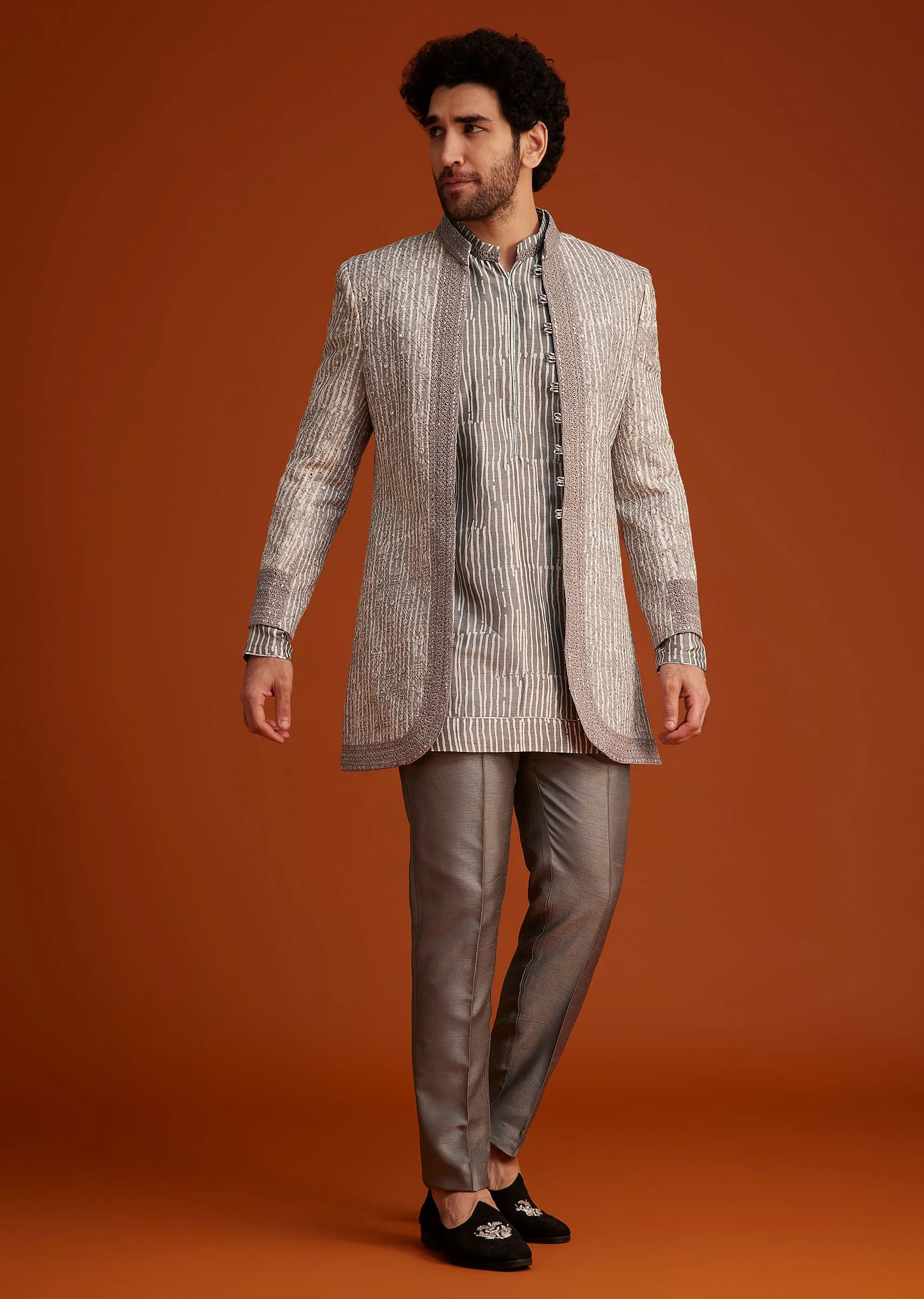 Grey Textured Jacket With Striped Kurta Set - Image 2