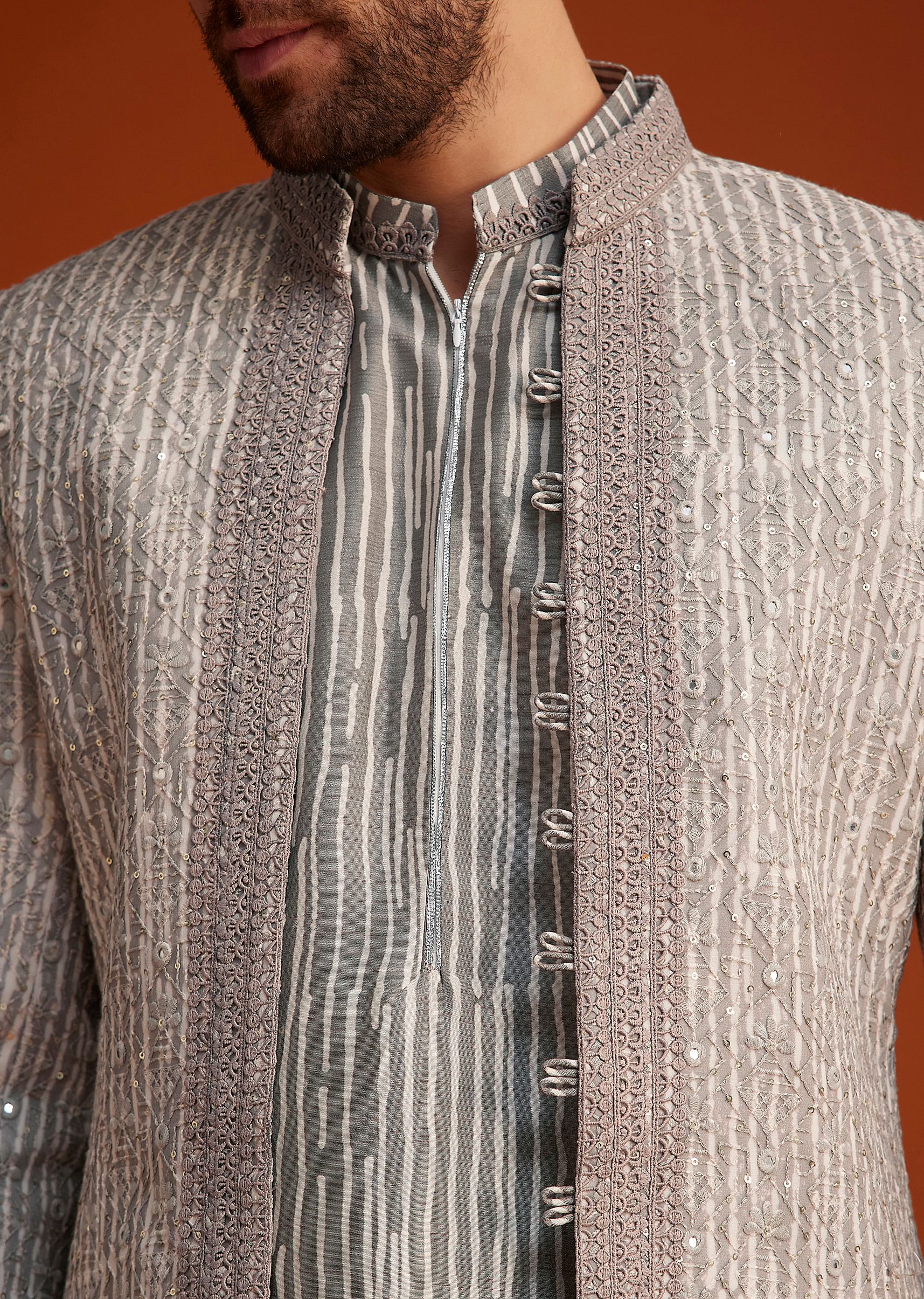 Grey Textured Jacket With Striped Kurta Set - Image 3