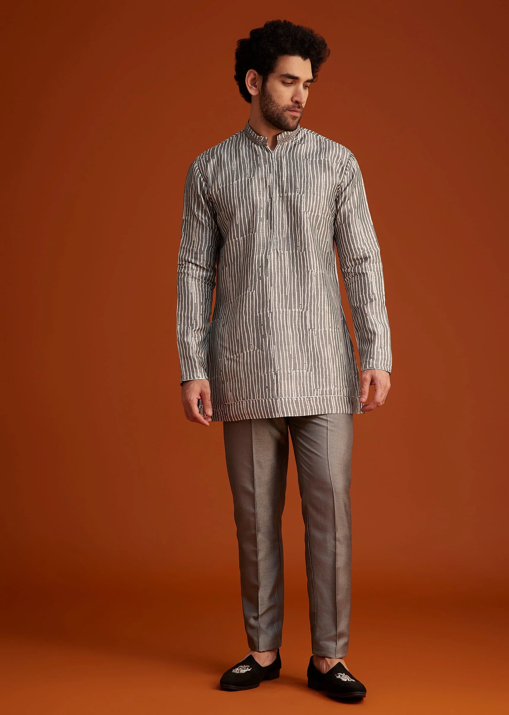 Grey Textured Jacket With Striped Kurta Set - Image 6