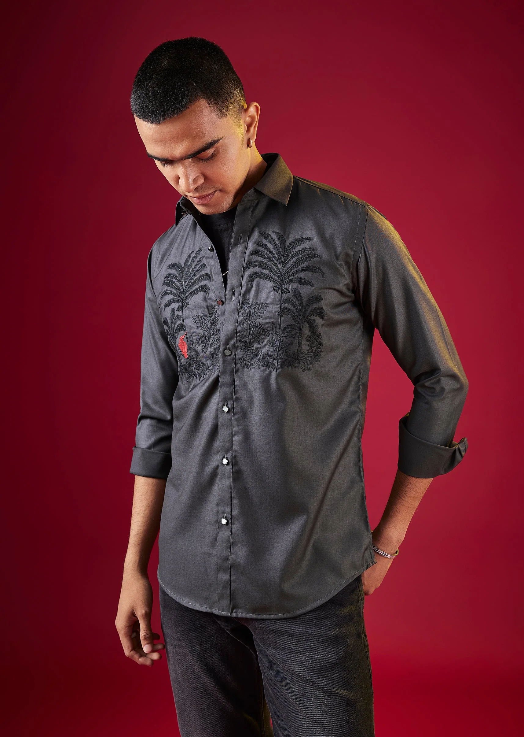 Grey Thread And Resham Embroidered Mens Shirt
