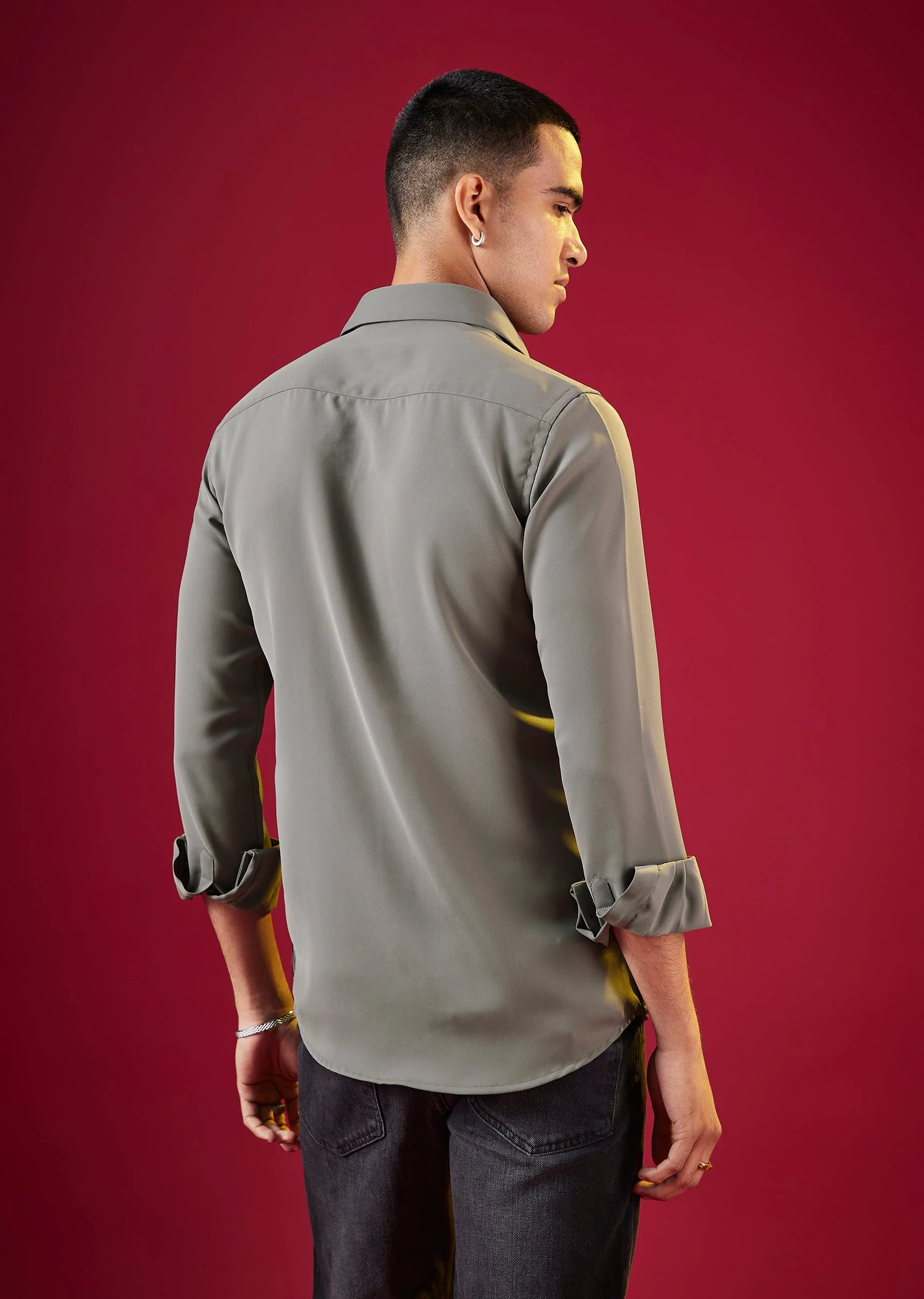 Grey Thread Embroidered Mandarin Collar Mens Shirt - Image 4