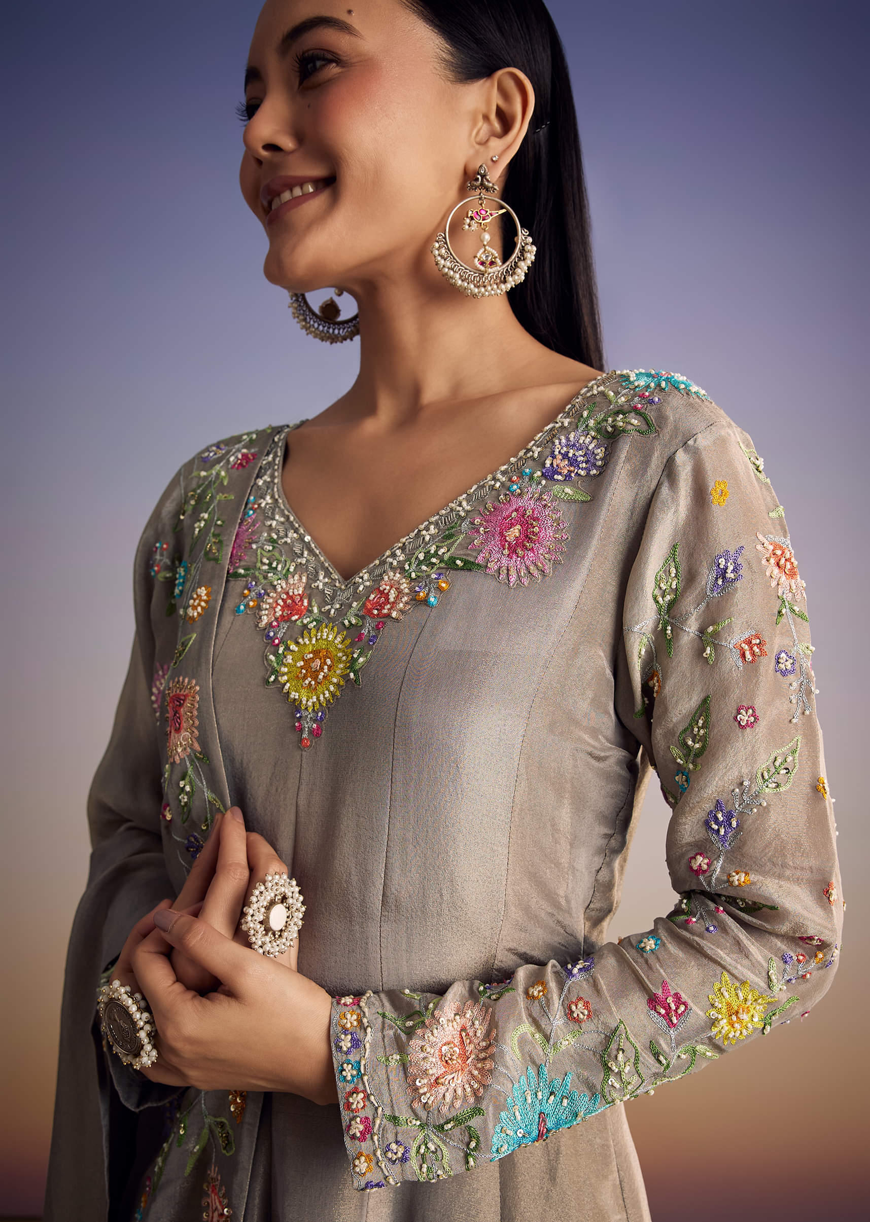 Grey Tissue Anarkali Set With Resham And Moti Work - Image 2