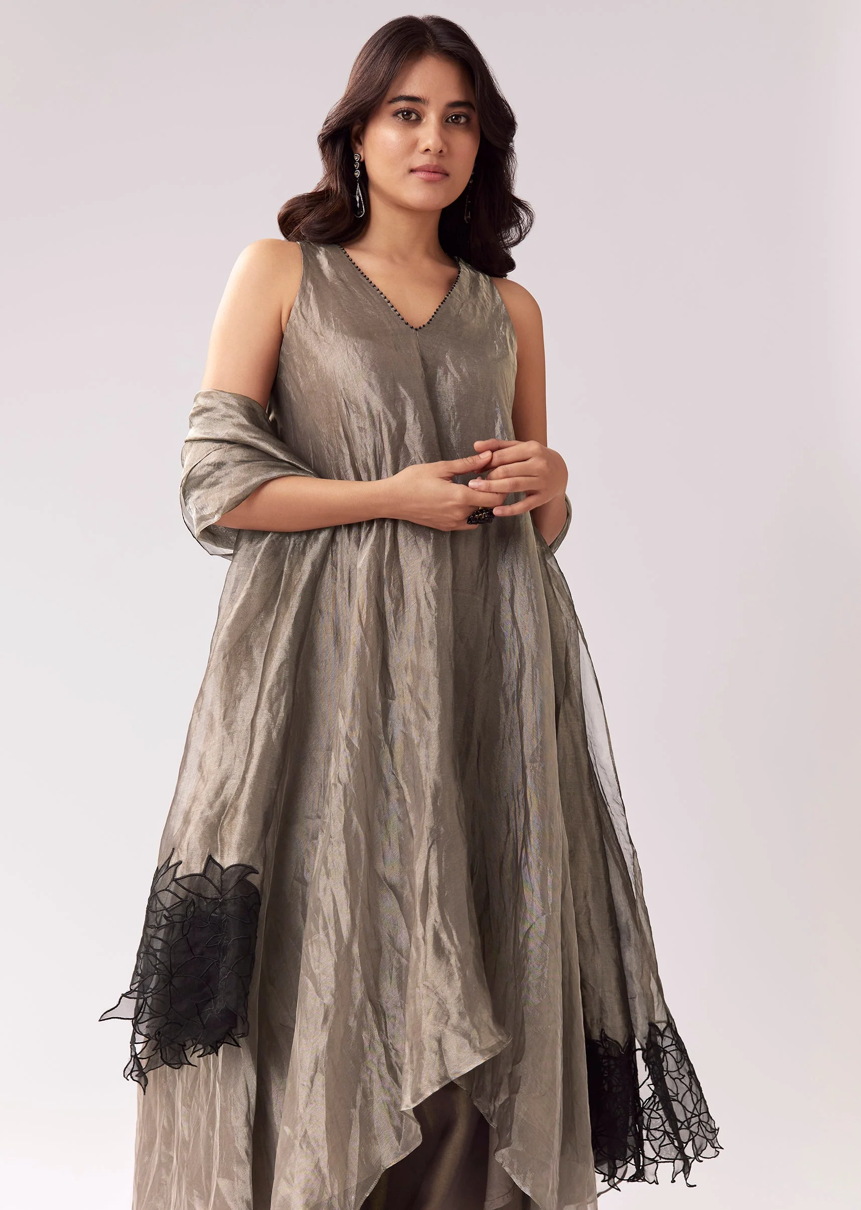 Grey Tissue Anarkali With Beadwork And Patchwork Accents - Image 2