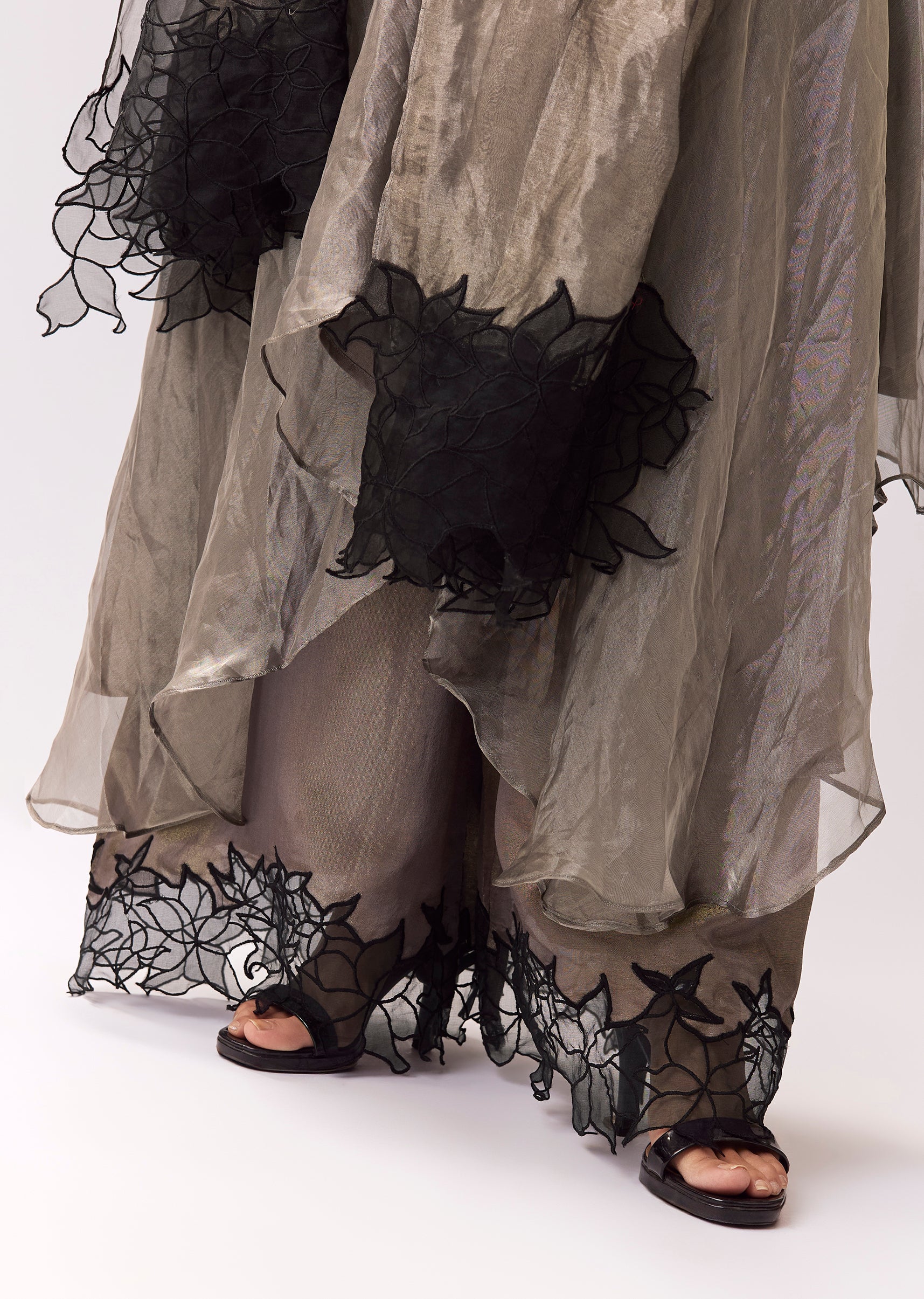 Grey Tissue Anarkali With Beadwork And Patchwork Accents - Image 4