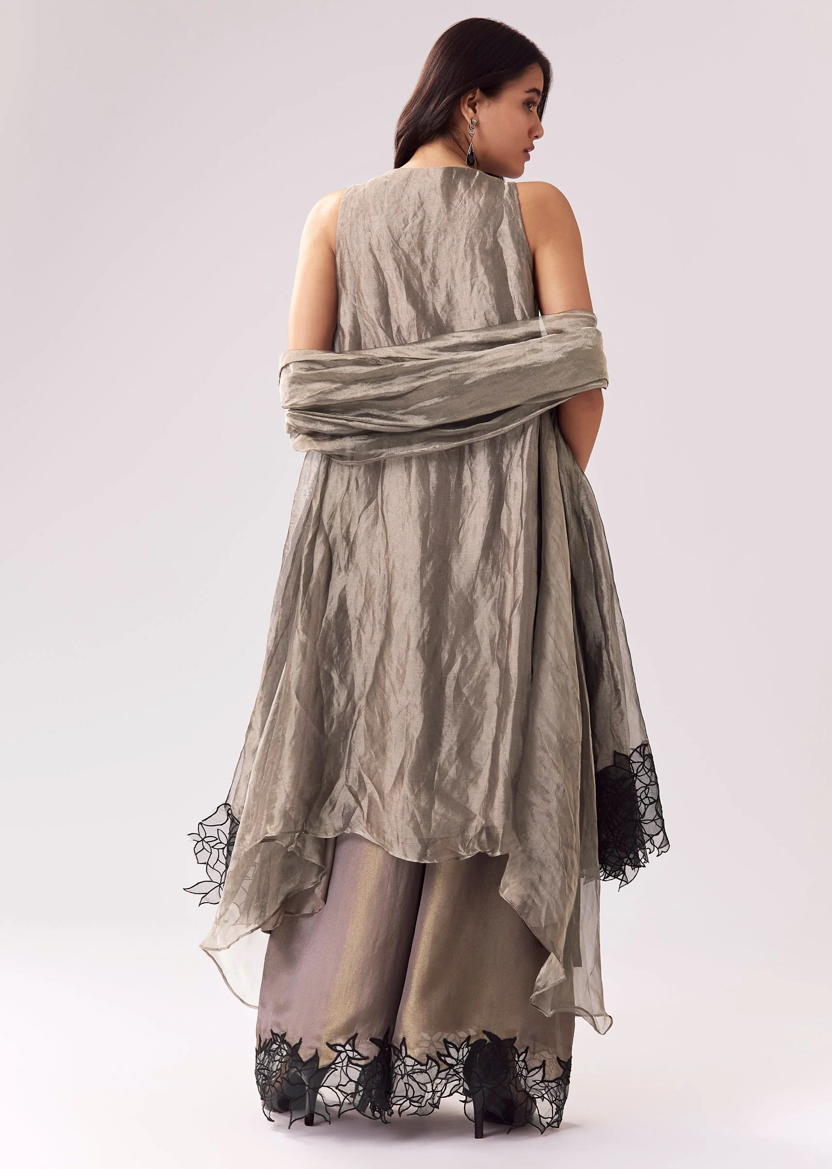 Grey Tissue Anarkali With Beadwork And Patchwork Accents - Image 5