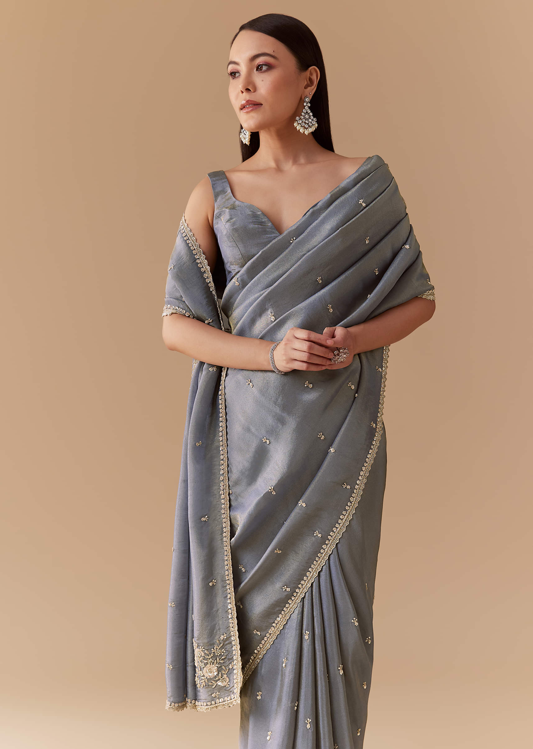 Grey Tissue Cutdana Embroidered Saree with Unstitched Blouse - Image 5