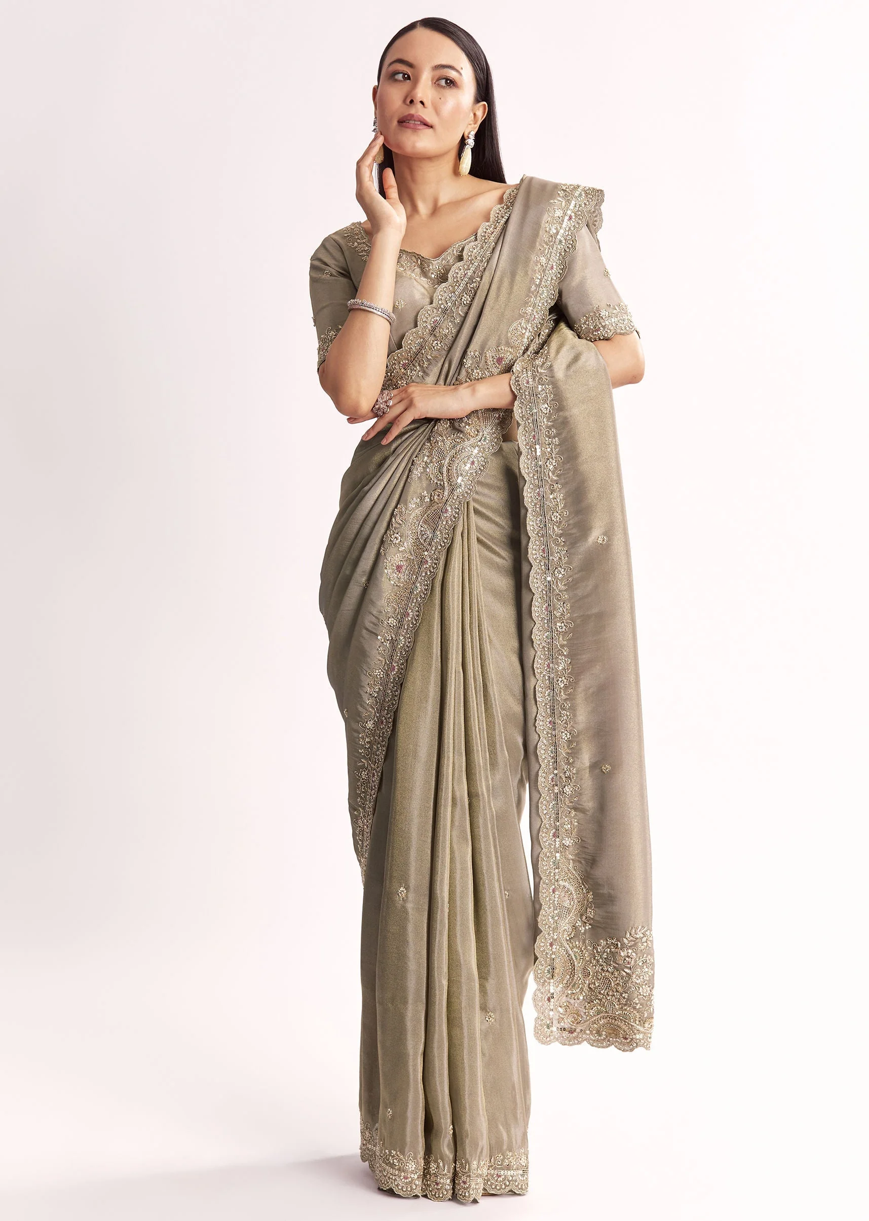Grey Tissue Saree With Cutdana Sequins Beads And Resham Embroidery - Image 3