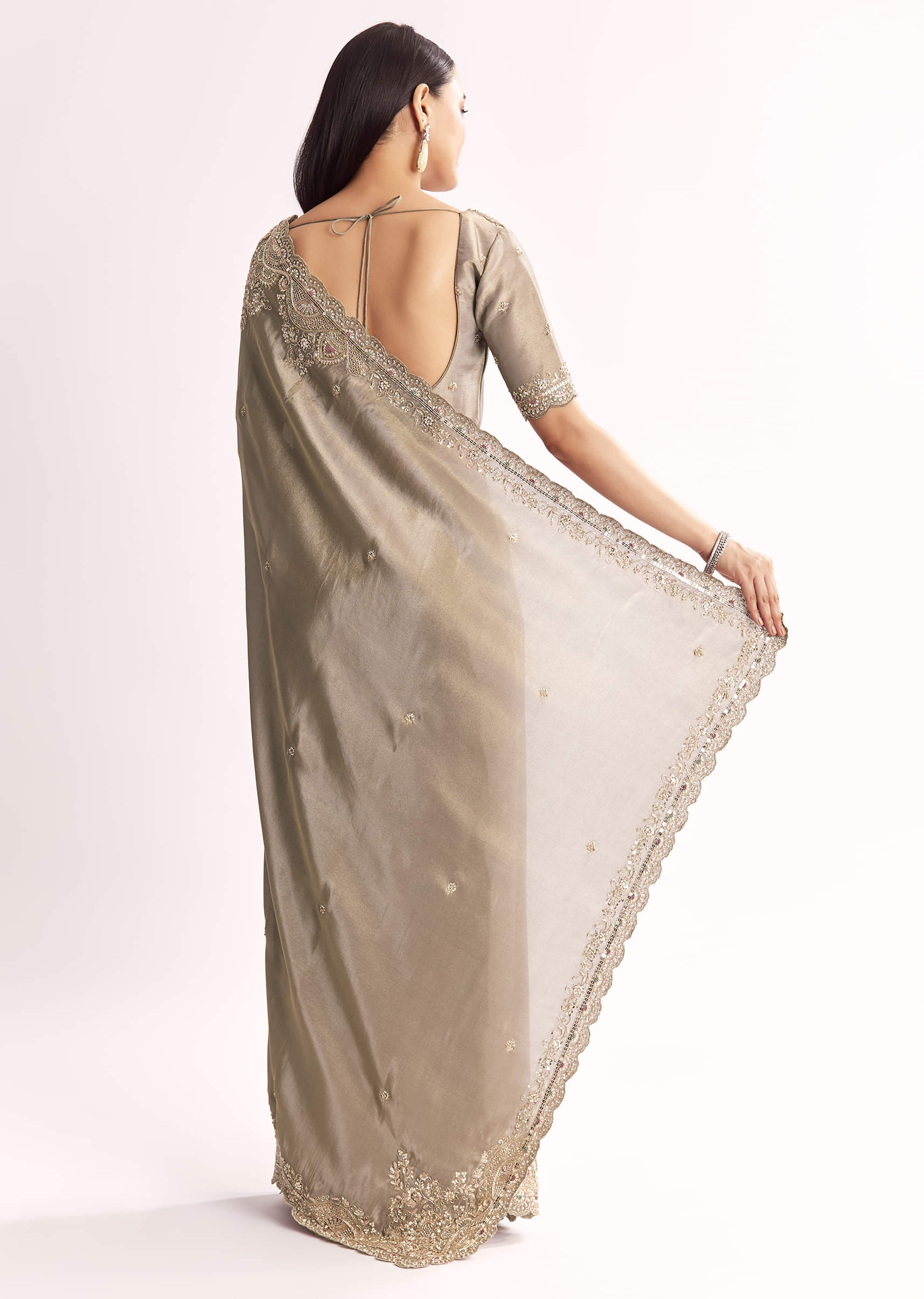 Grey Tissue Saree With Cutdana Sequins Beads And Resham Embroidery - Image 6