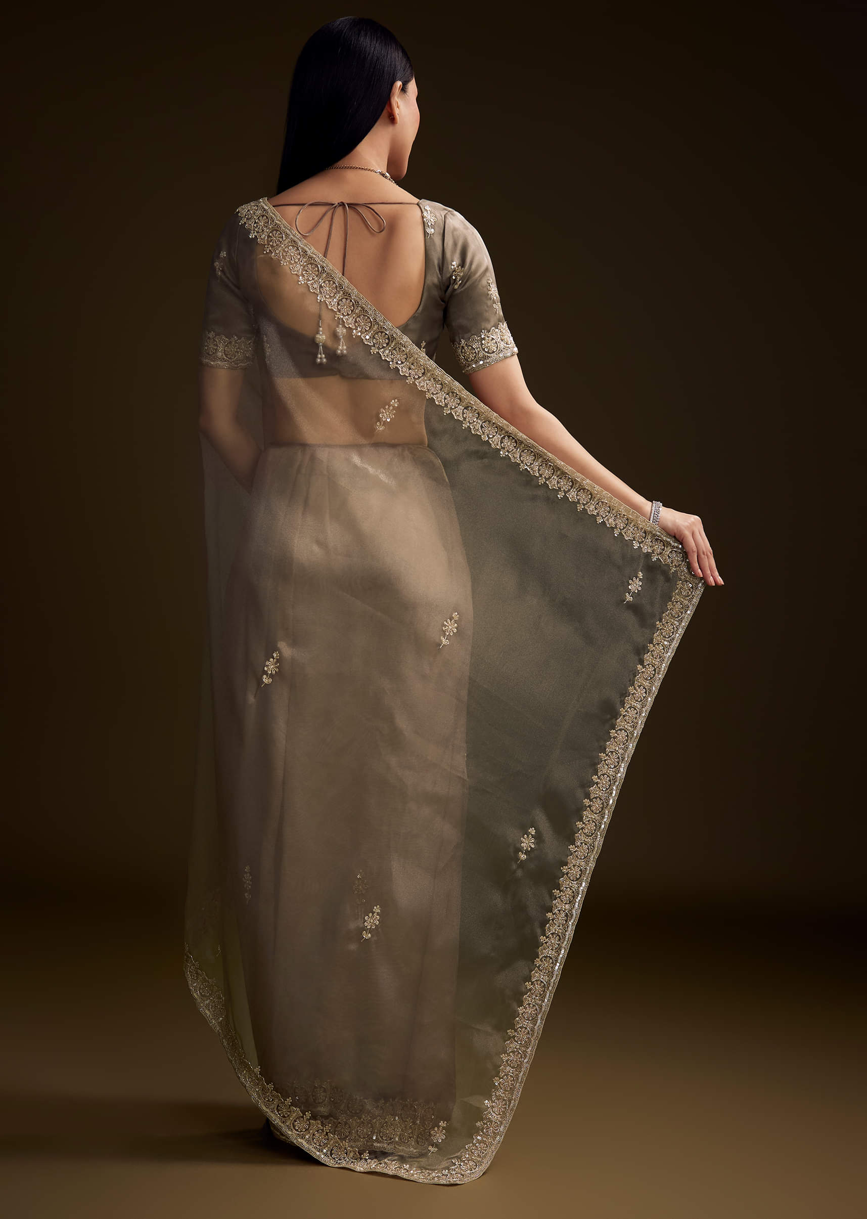 Grey Tissue Saree With Floral And Zardosi Embroidery - Image 3