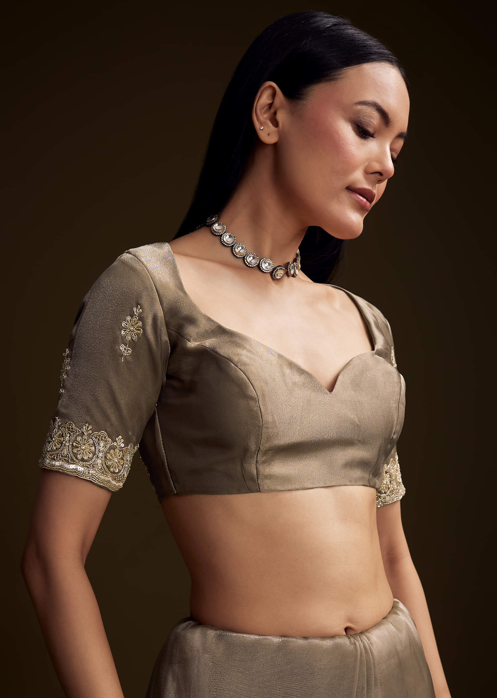 Grey Tissue Saree With Floral And Zardosi Embroidery - Image 6