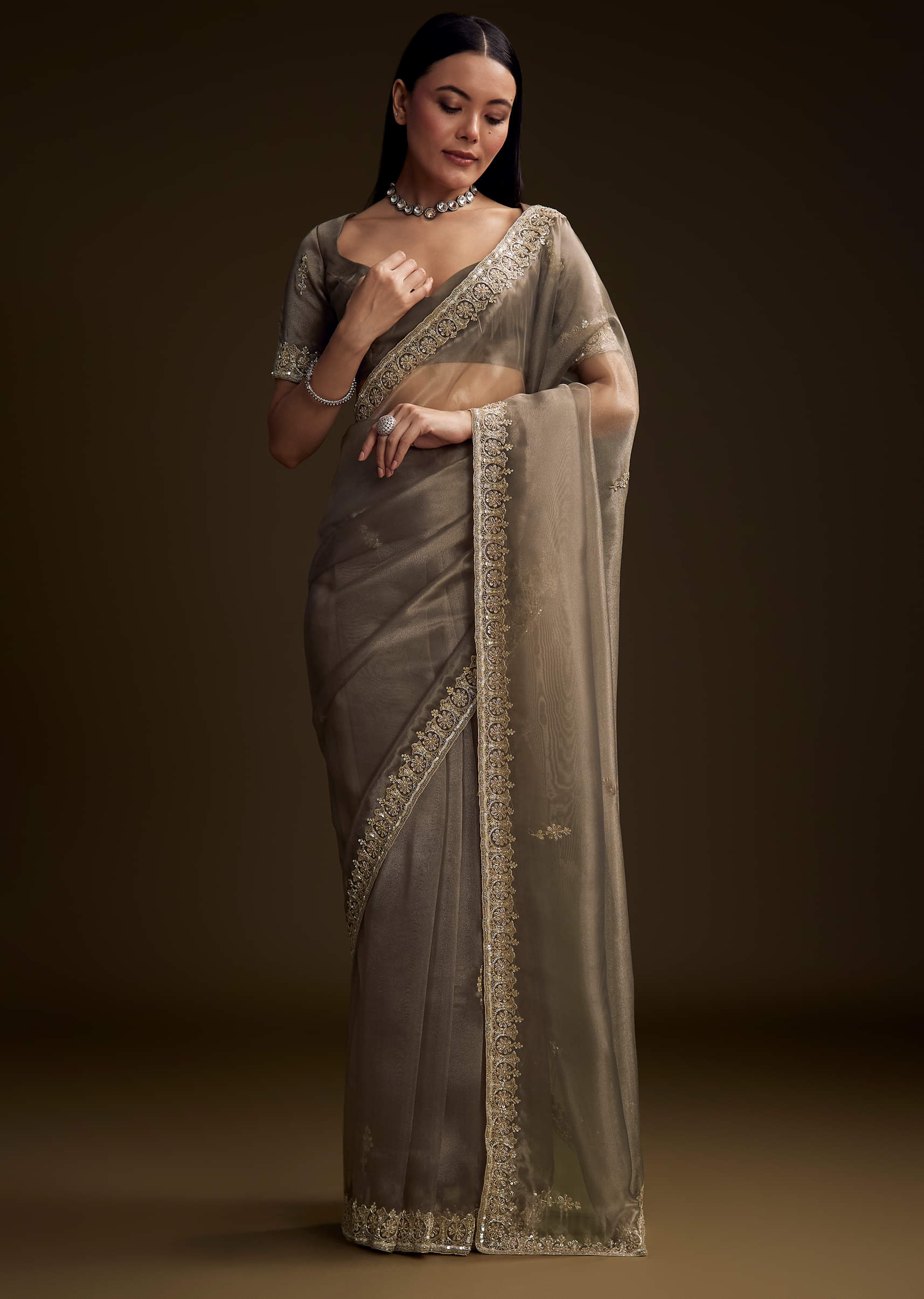 Grey Tissue Saree With Floral And Zardosi Embroidery - Image 9