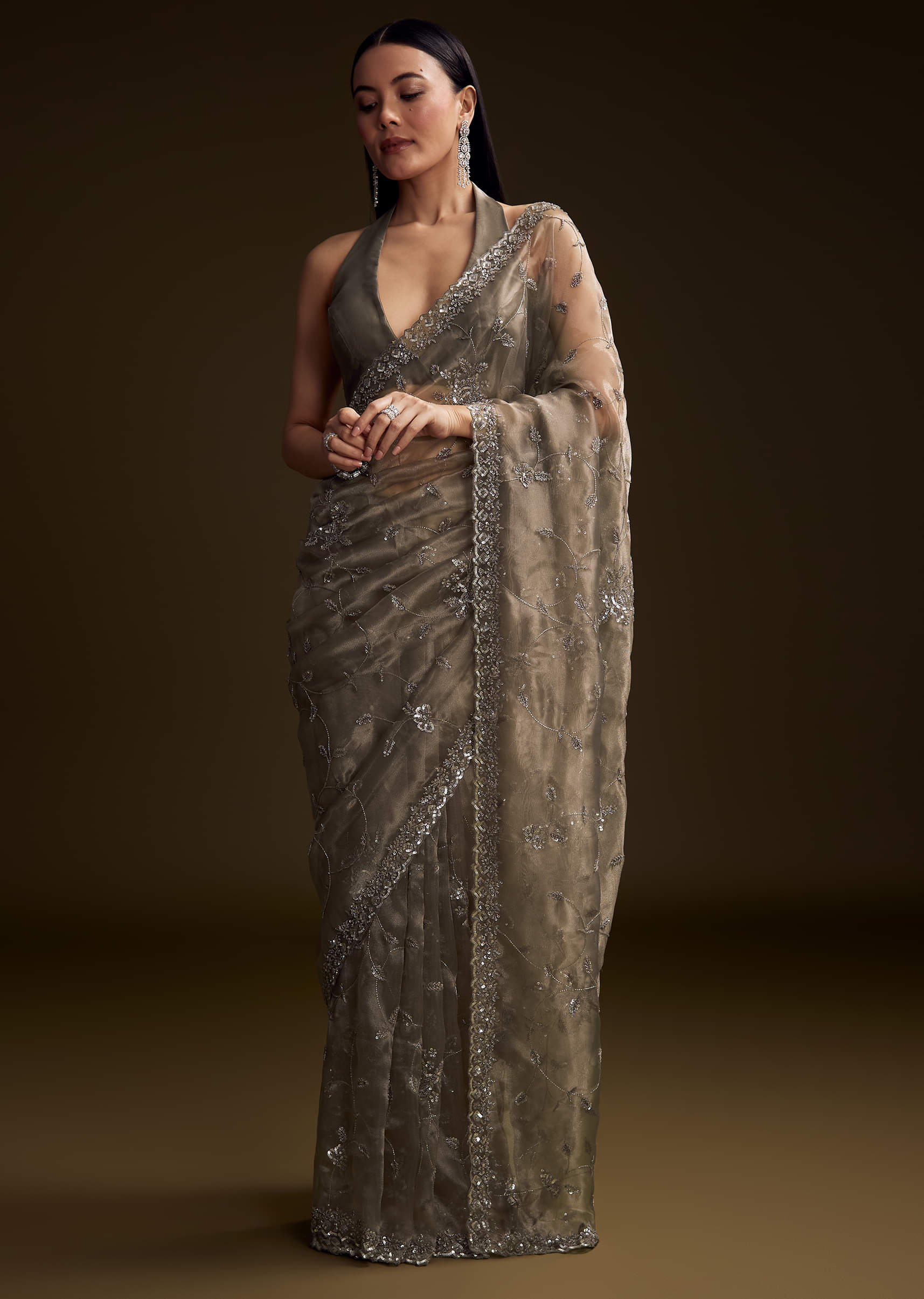 Grey Tissue Saree With Floral Jaal And Sequin Embroidery - Image 2