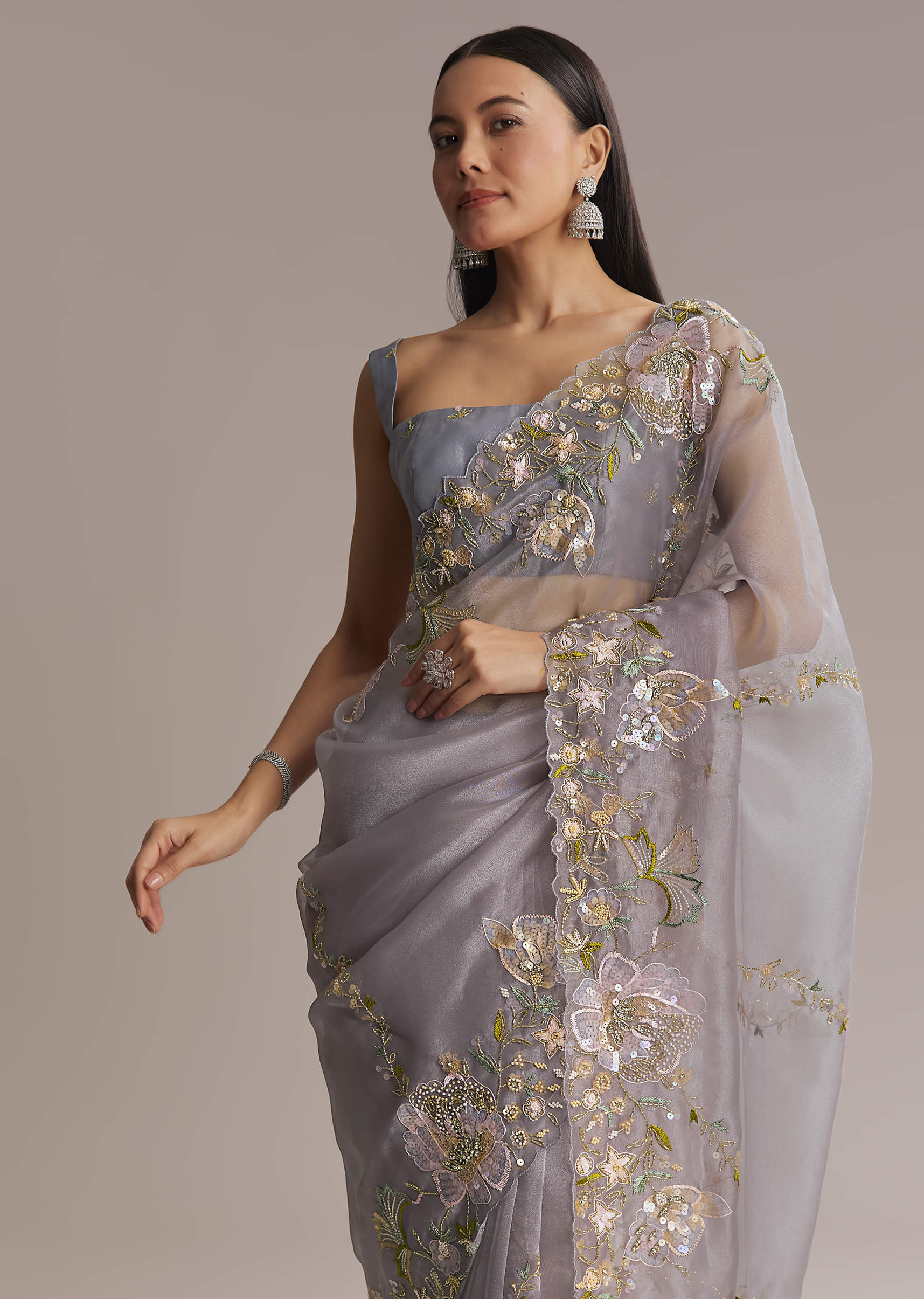 Grey Tissue Saree With Resham And Moti Embroidery - Image 4