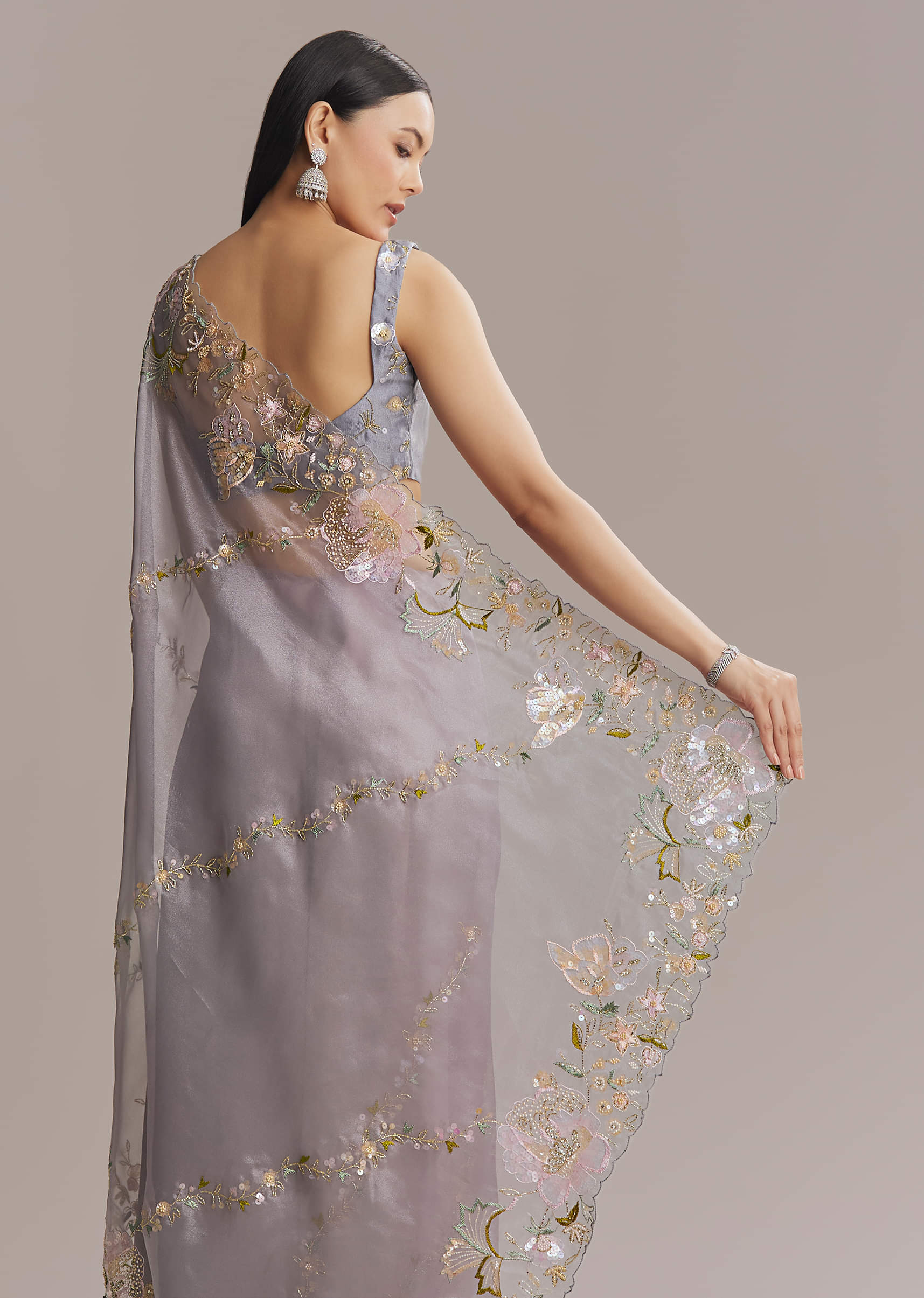 Grey Tissue Saree With Resham And Moti Embroidery - Image 5