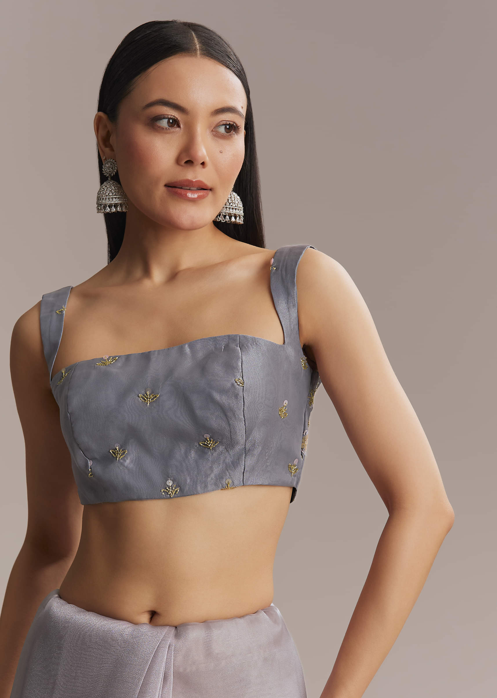 Grey Tissue Saree With Resham And Moti Embroidery - Image 6