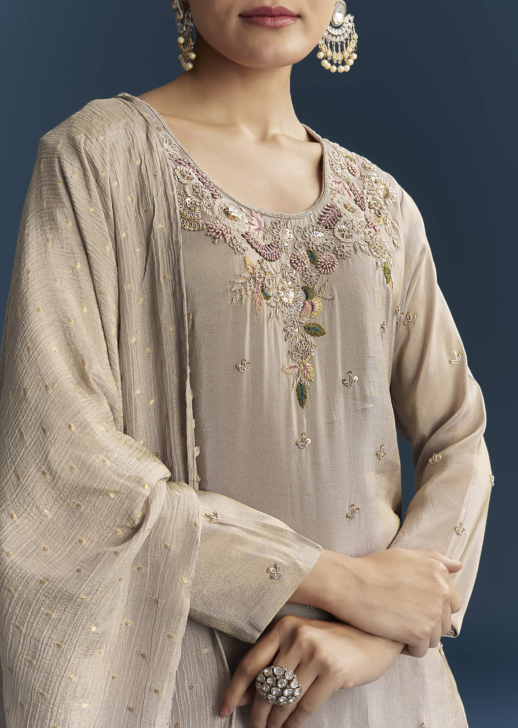 Grey Tissue Sharara Suit With Zardosi And Resham Embroidery - Image 2