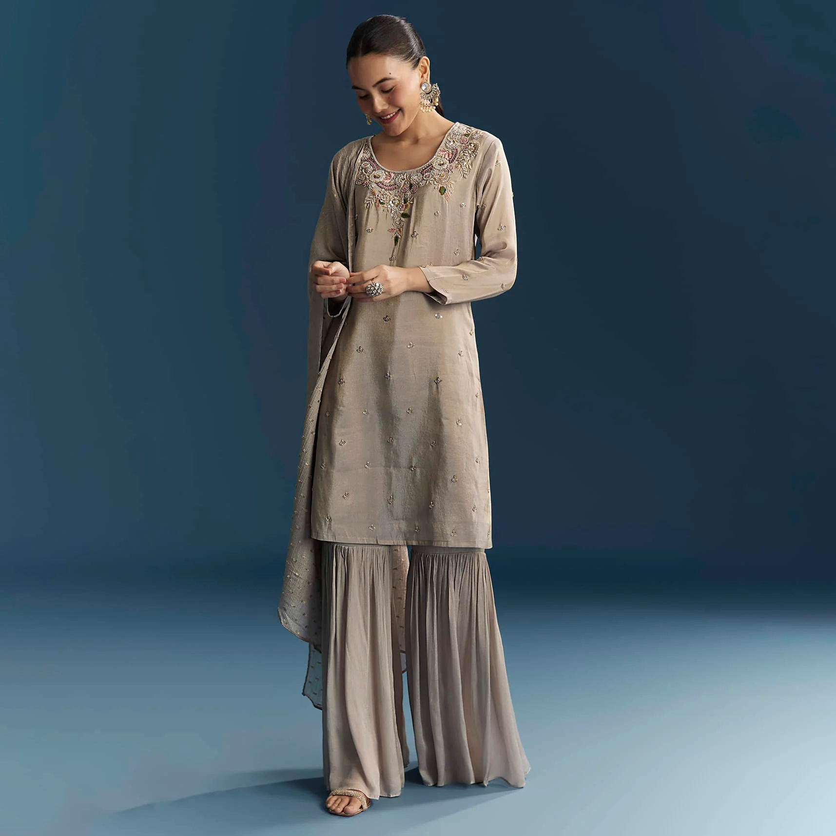 Grey Tissue Sharara Suit With Zardosi And Resham Embroidery - Image 3
