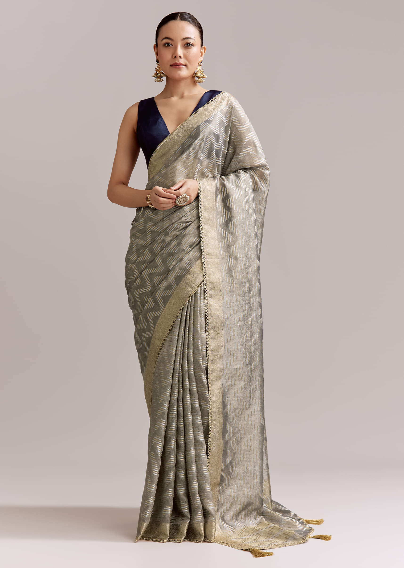 Grey Tissue Silk Woven Saree With Zig Zag Motif And Zari Border - Image 10