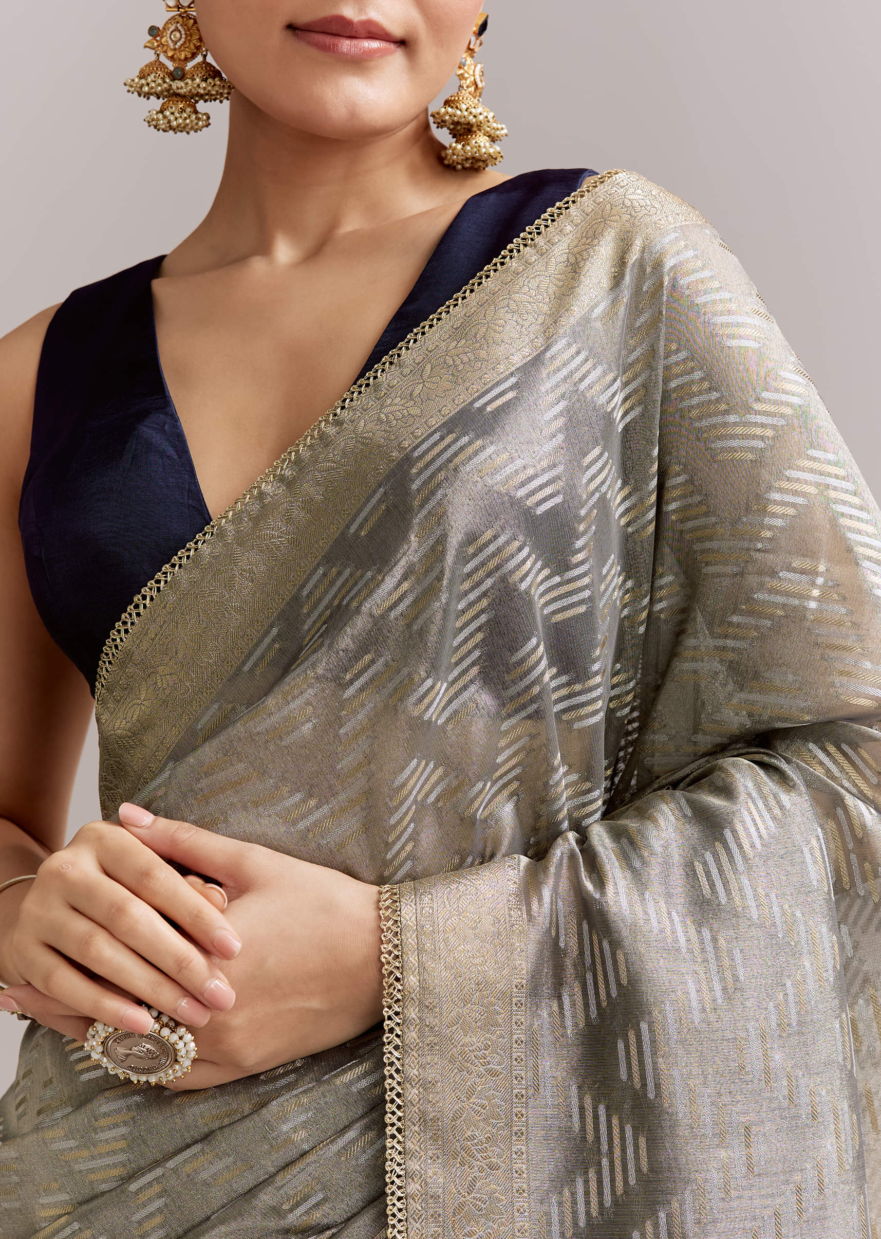 Grey Tissue Silk Woven Saree With Zig Zag Motif And Zari Border - Image 2