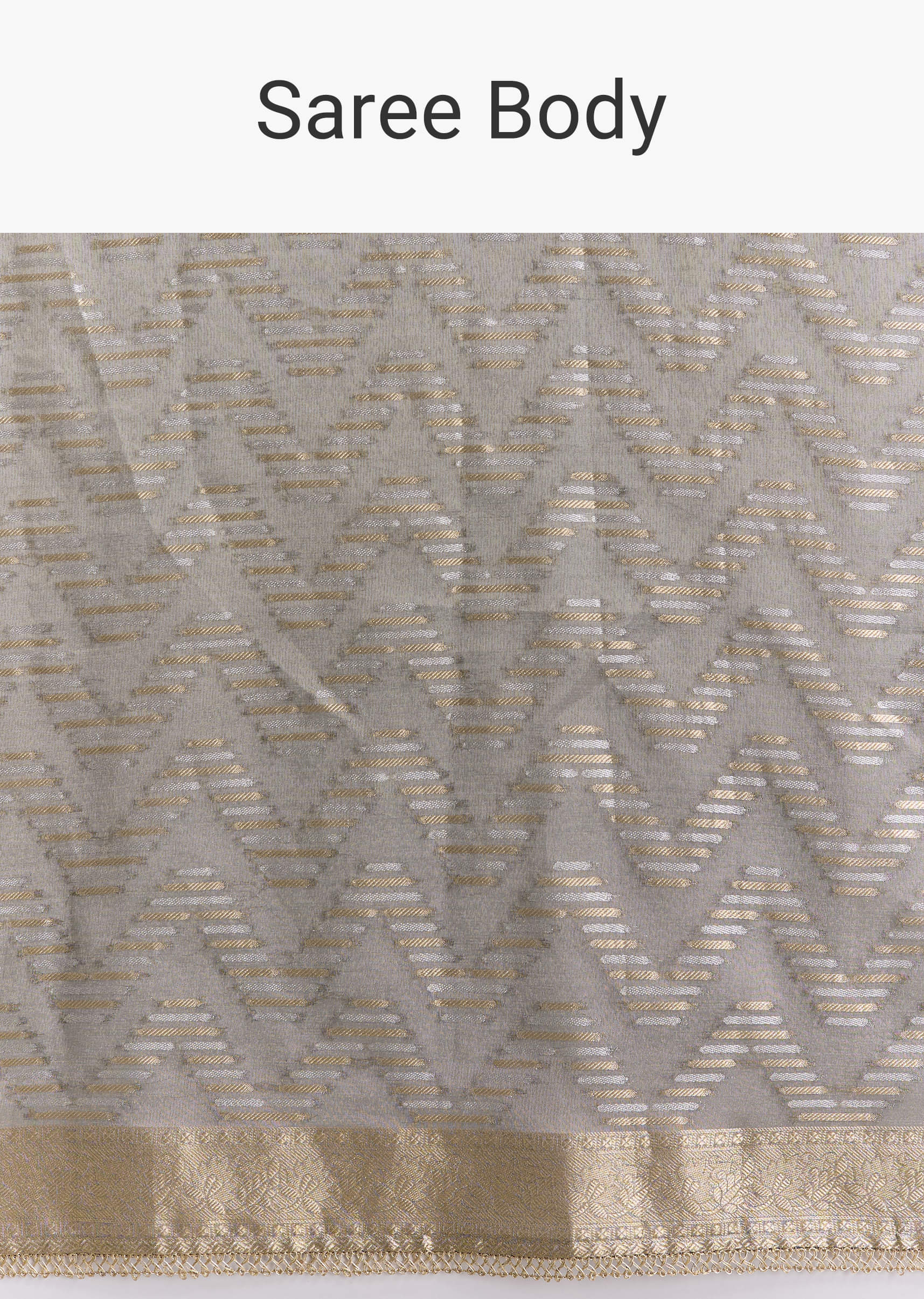 Grey Tissue Silk Woven Saree With Zig Zag Motif And Zari Border - Image 9