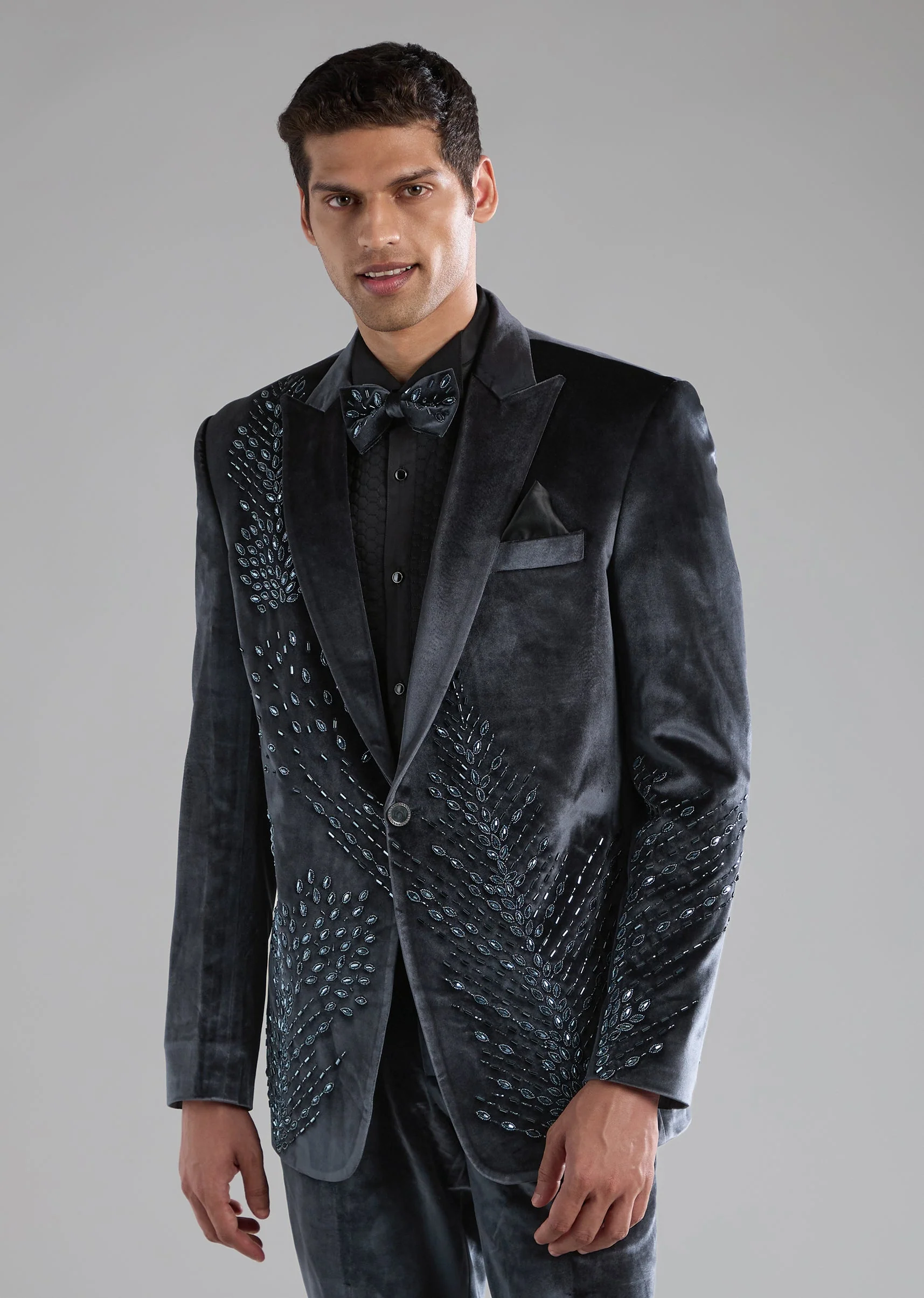 Grey Velvet Tuxedo with Cutdana Work - Image 4