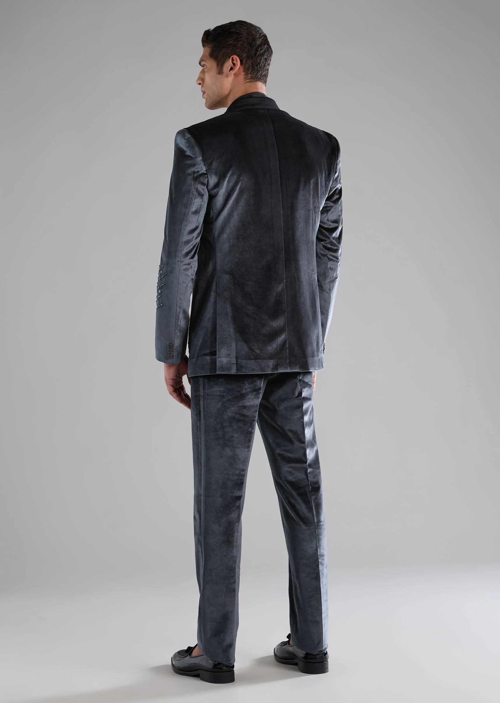Grey Velvet Tuxedo with Cutdana Work - Image 5