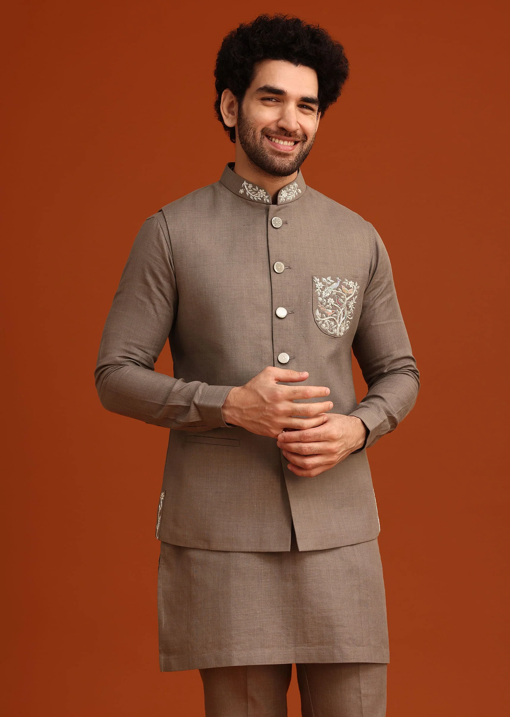 Grey Zardozi Work Linen Jacket Kurta Set - Image 2