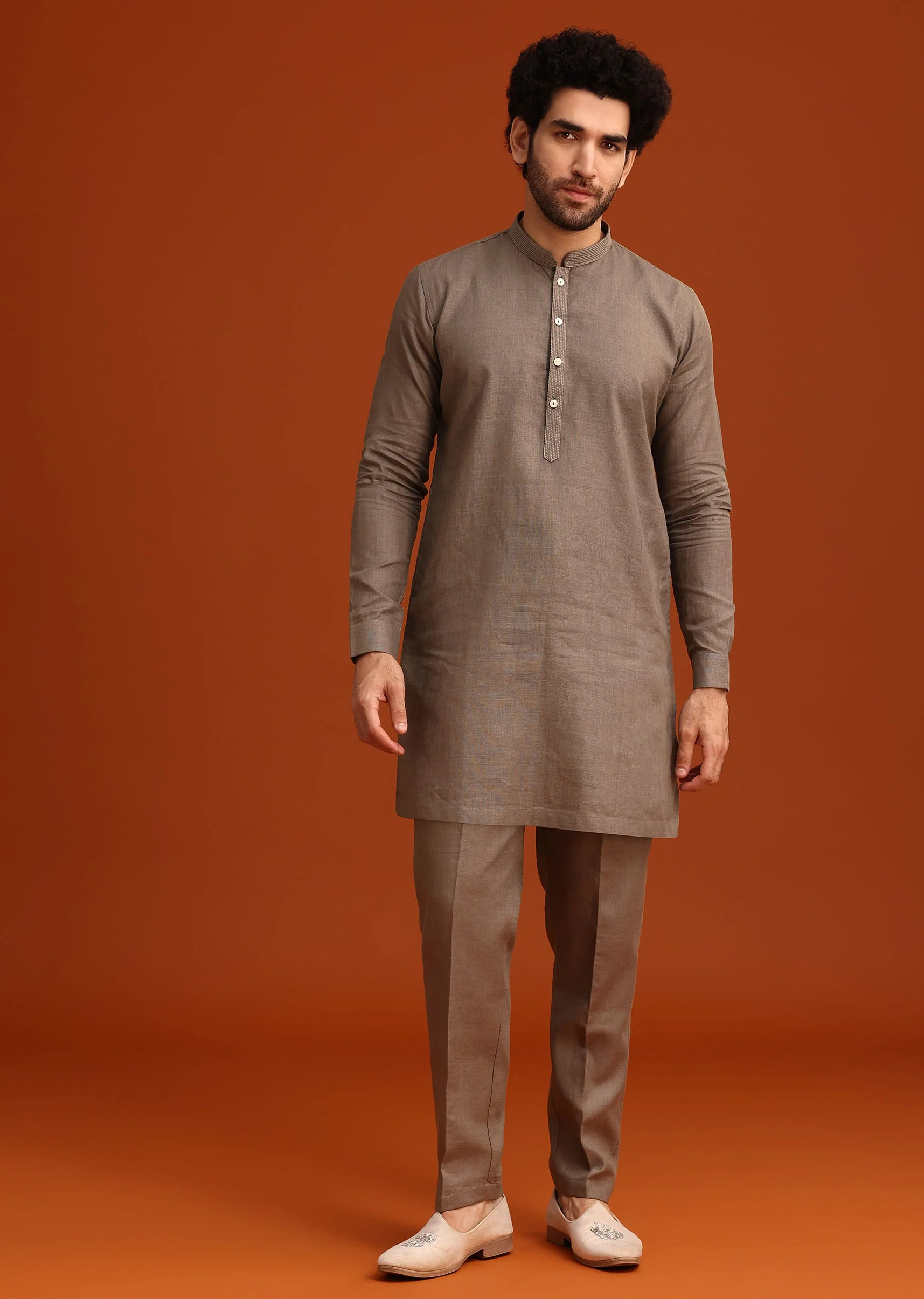 Grey Zardozi Work Linen Jacket Kurta Set - Image 5