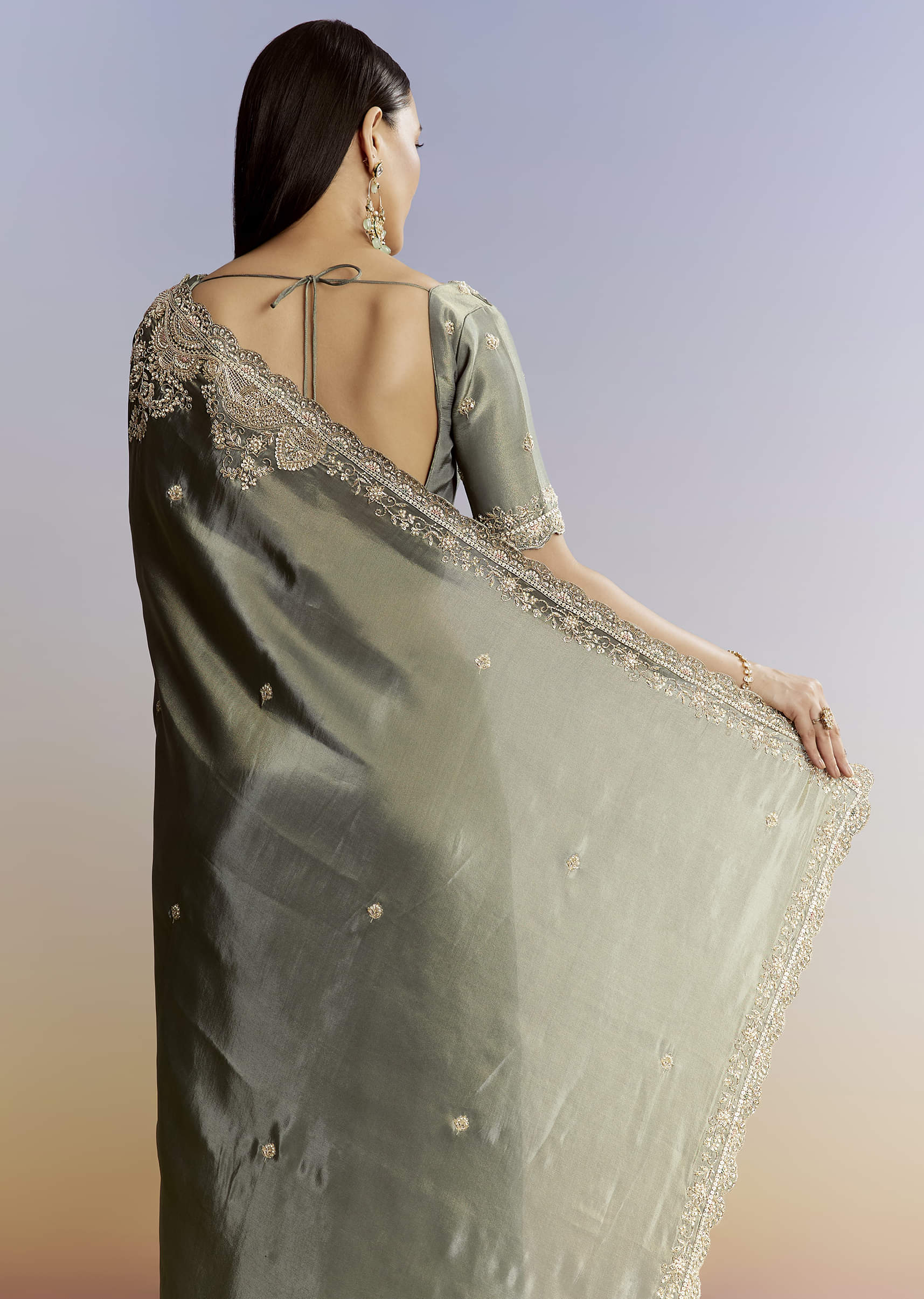 Greyish Blue Tissue Saree With French Knot Resham Embroidery - Image 6