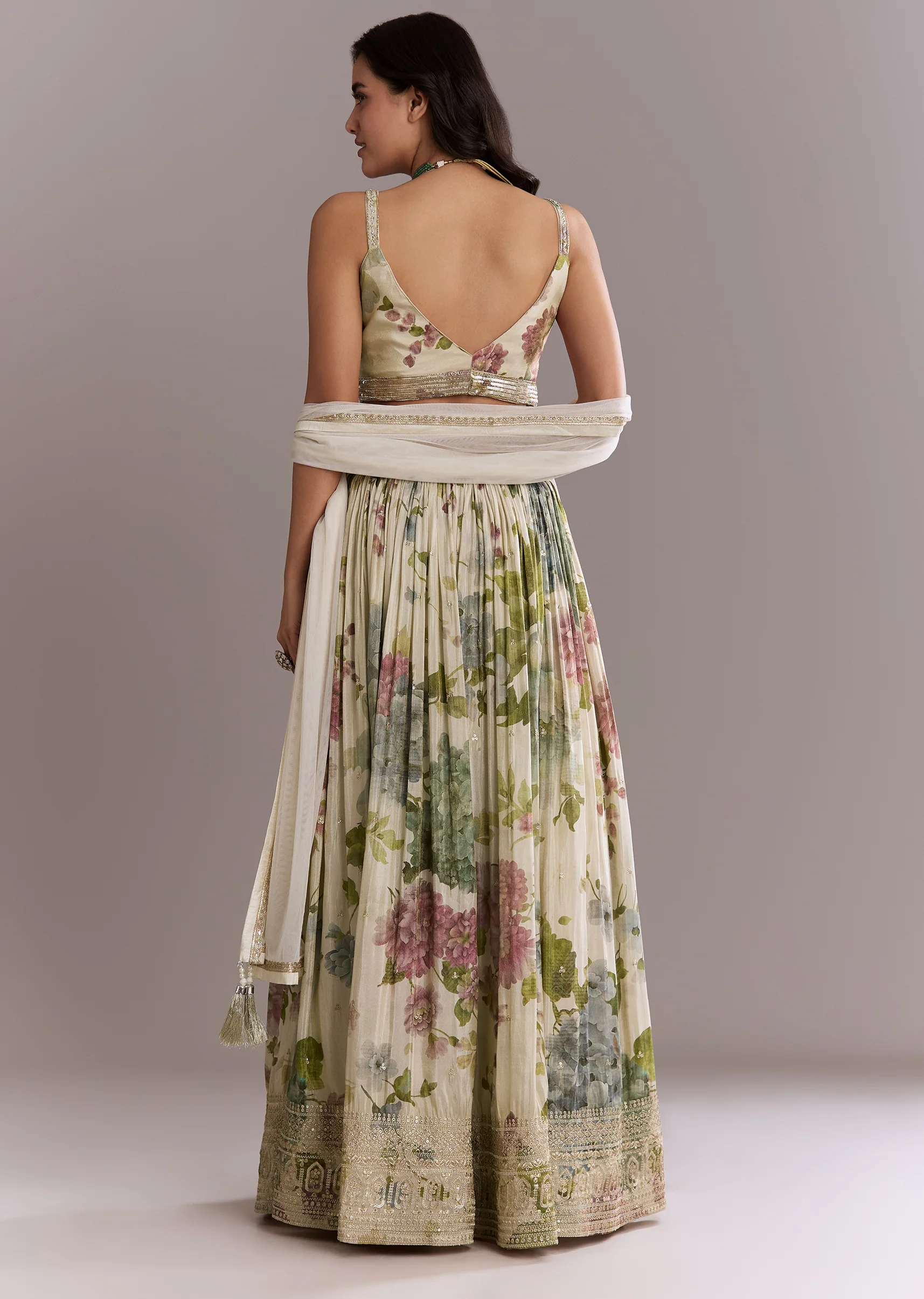 Groomsmen & Bridesmaid Set – Ivory Tissue Bridesmaid Lehenga For Her And Off-White Scenic Print Silk Kurta Set For Him - Image 3