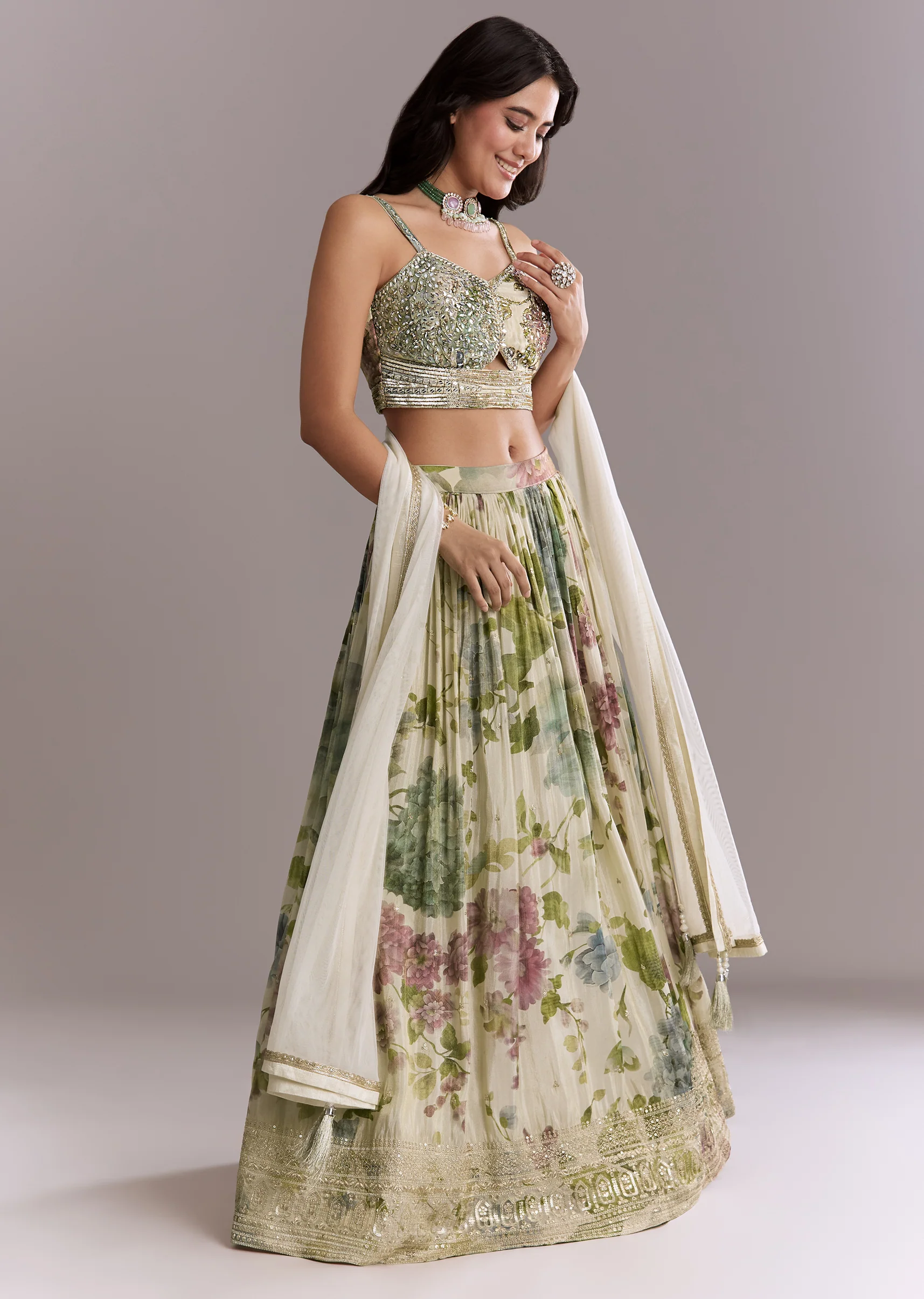 Groomsmen & Bridesmaid Set – Ivory Tissue Bridesmaid Lehenga For Her And Off-White Scenic Print Silk Kurta Set For Him - Image 6