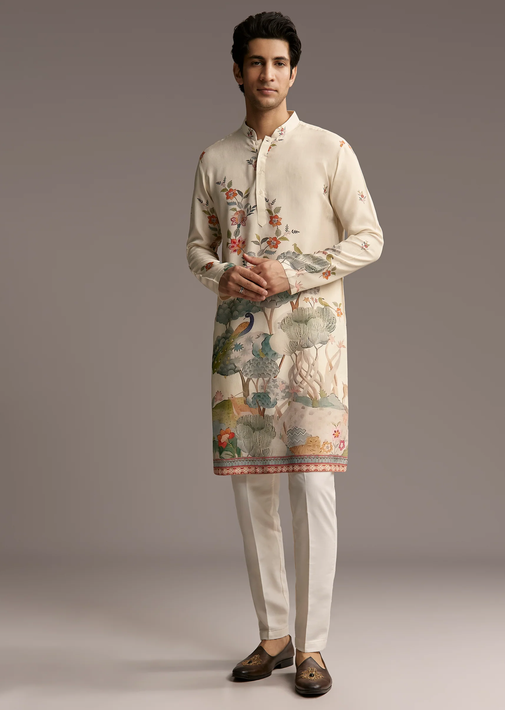 Groomsmen & Bridesmaid Set – Ivory Tissue Bridesmaid Lehenga For Her And Off-White Scenic Print Silk Kurta Set For Him - Image 7