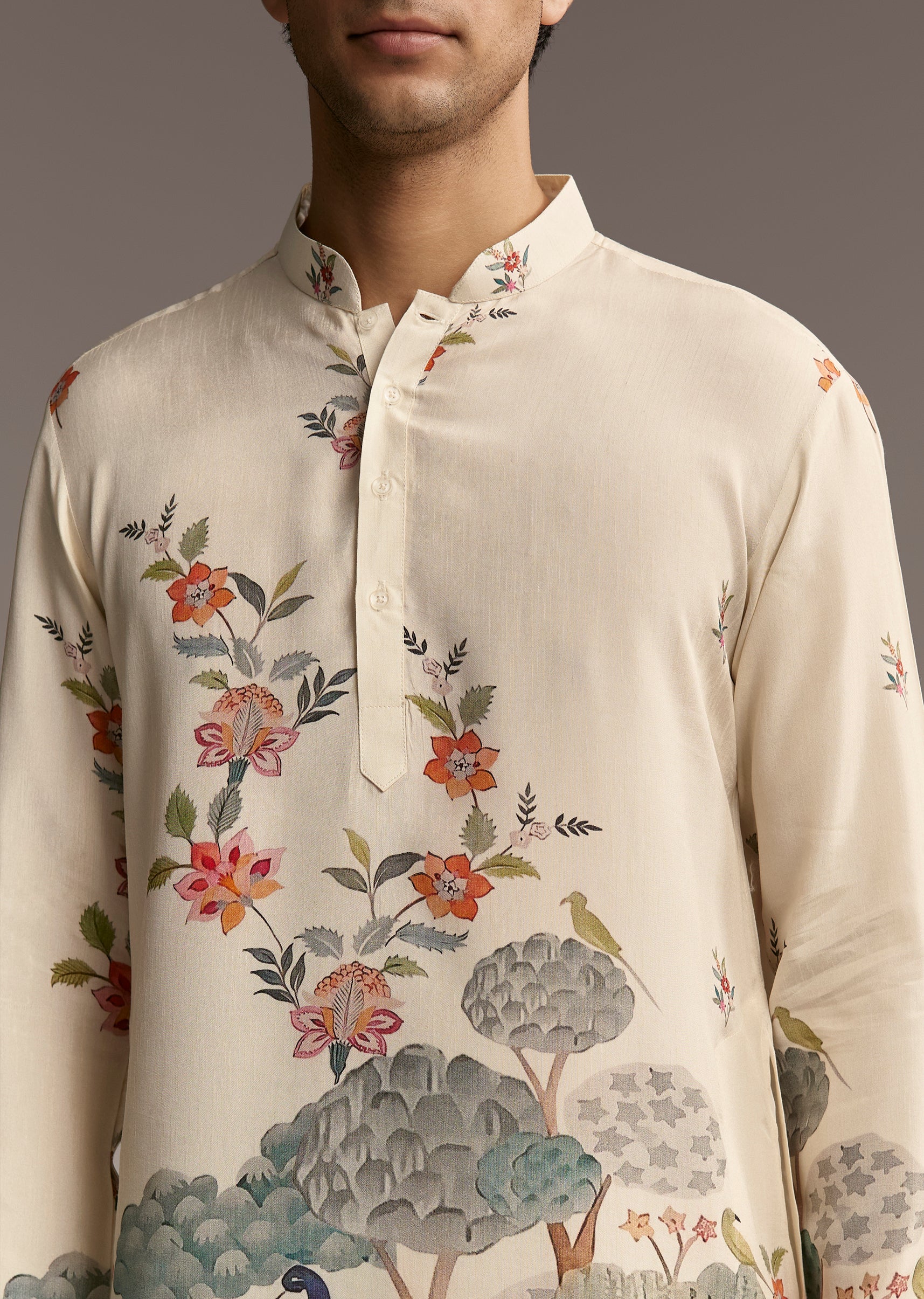 Groomsmen & Bridesmaid Set – Ivory Tissue Bridesmaid Lehenga For Her And Off-White Scenic Print Silk Kurta Set For Him - Image 8