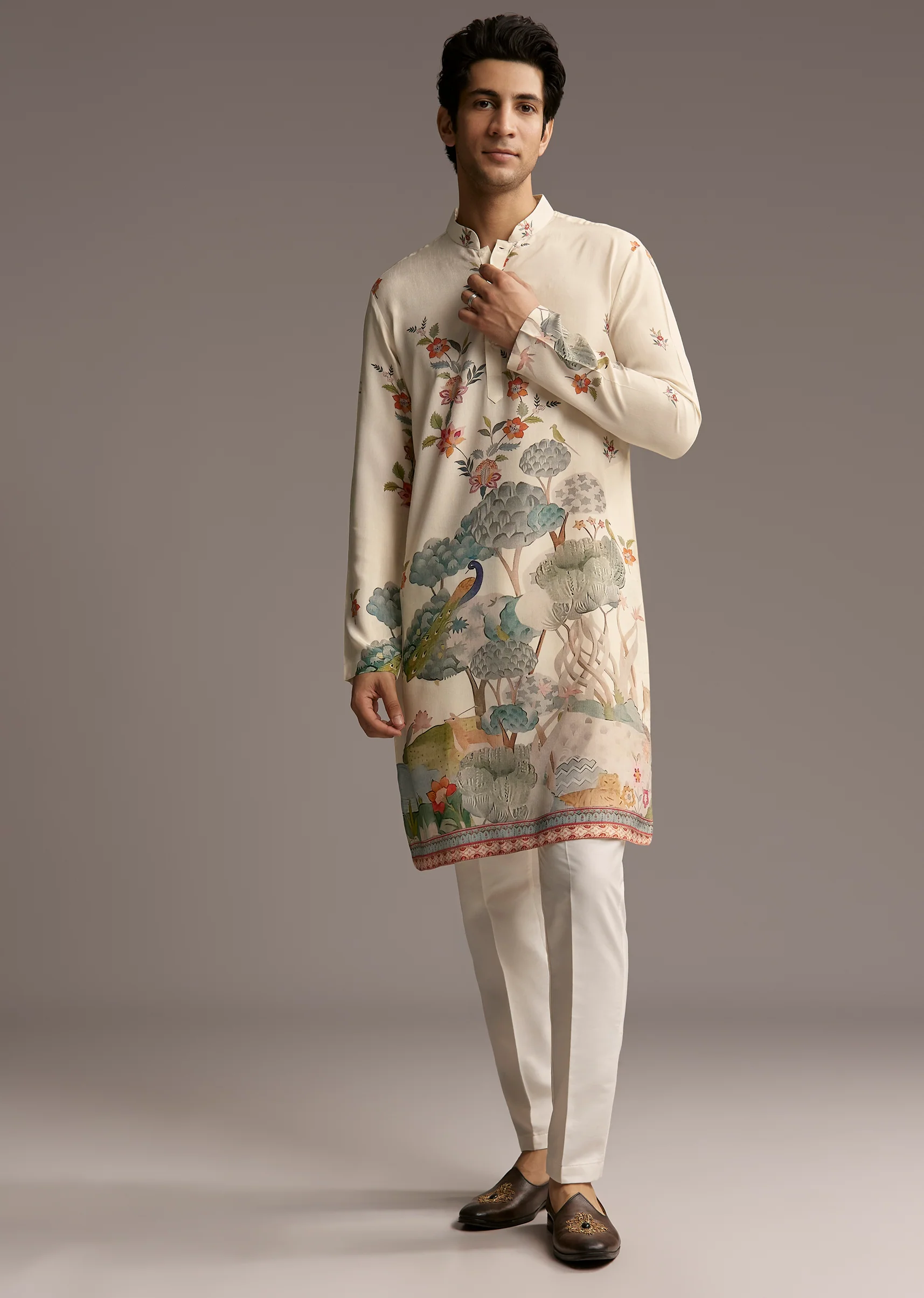 Groomsmen & Bridesmaid Set – Ivory Tissue Bridesmaid Lehenga For Her And Off-White Scenic Print Silk Kurta Set For Him - Image 9
