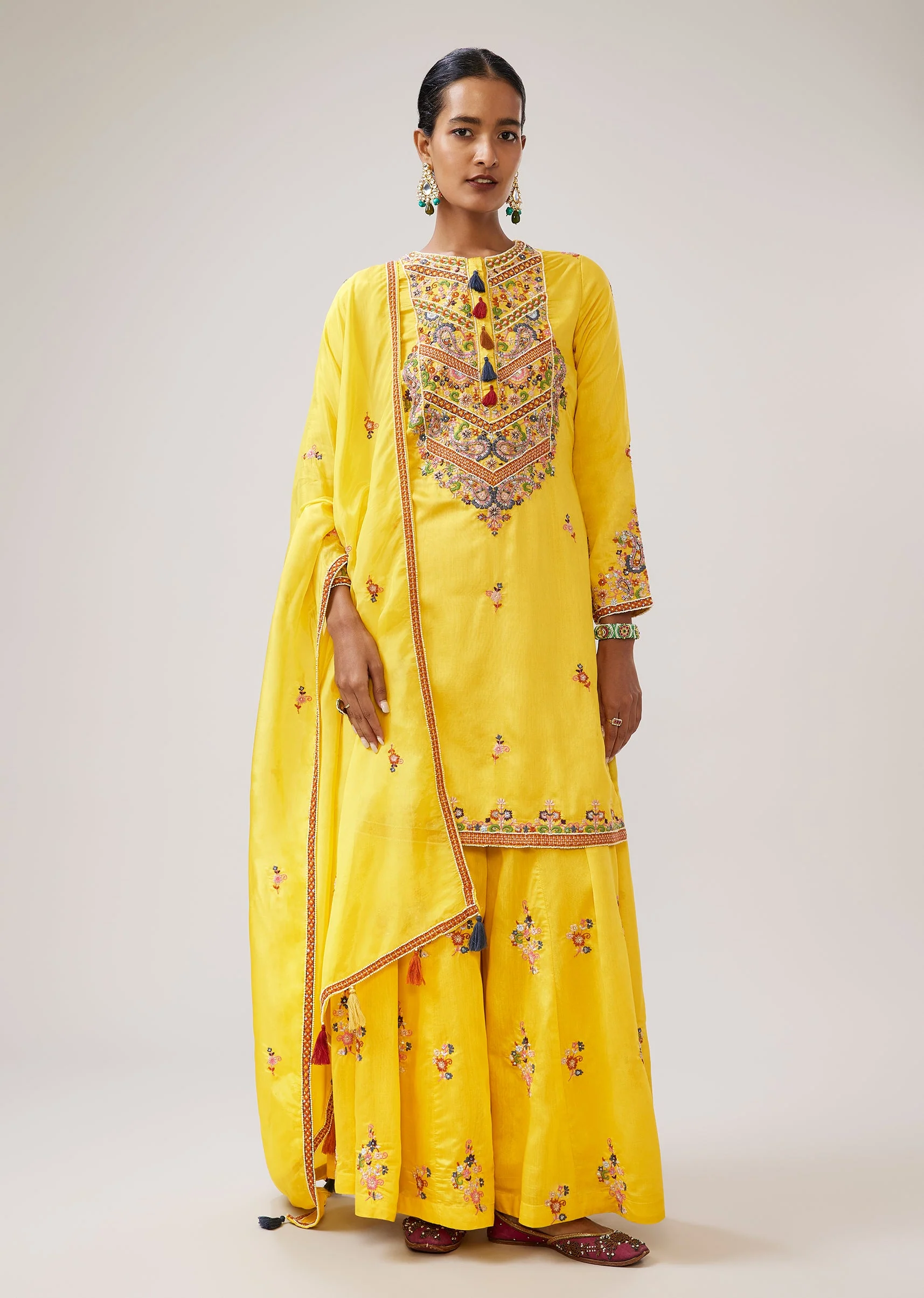 Haldi Yellow Thread Embroidered Palazzo Suit With Dupatta - Image 3