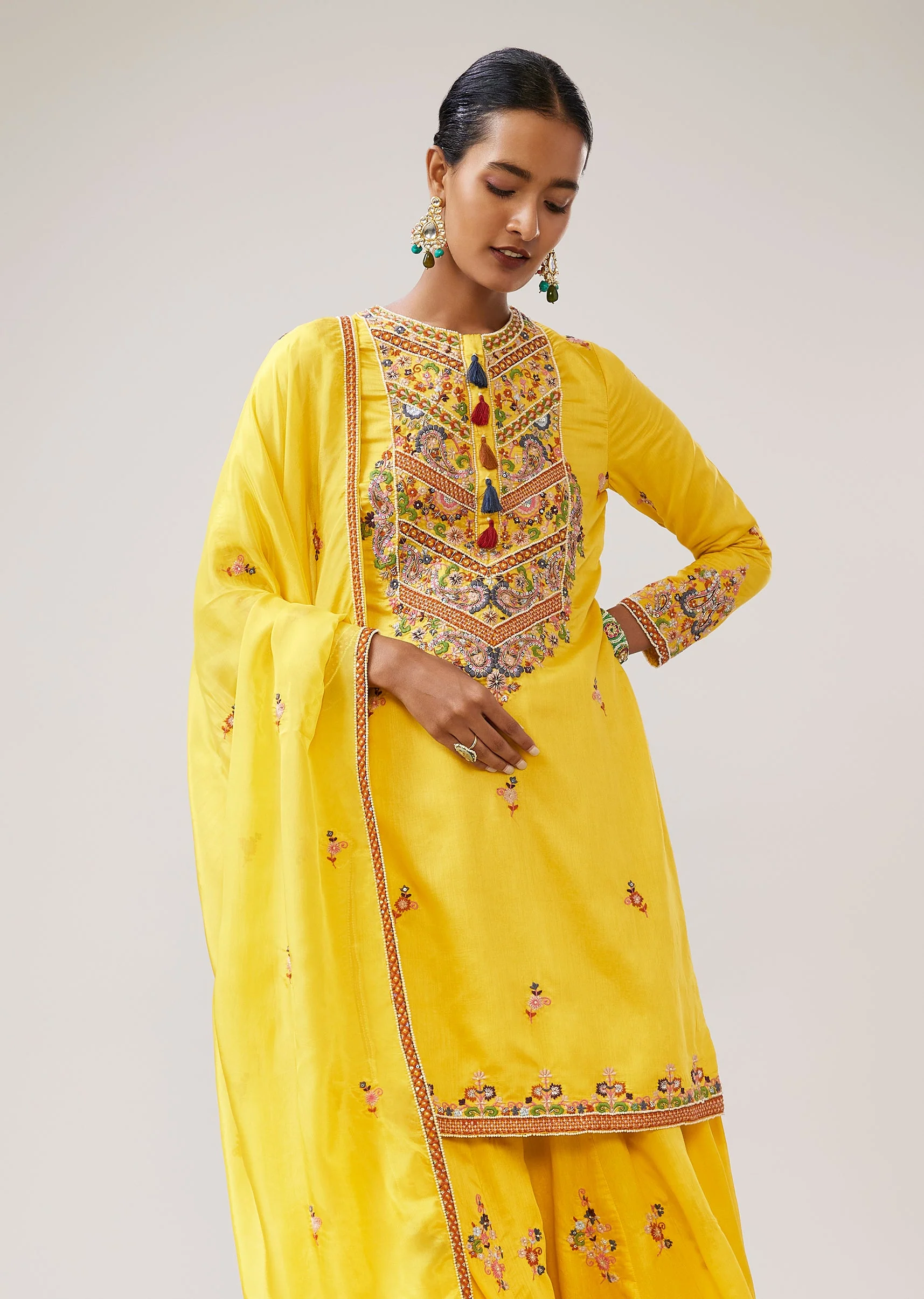 Haldi Yellow Thread Embroidered Palazzo Suit With Dupatta - Image 4